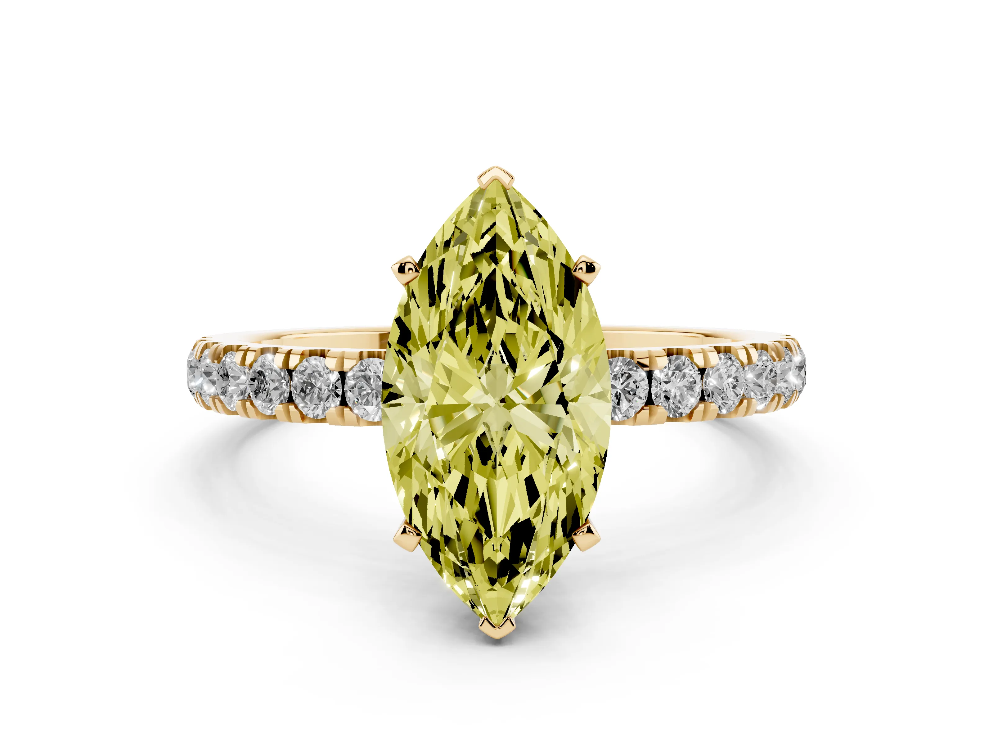 Fancy Yellow Marquise Cut Diamond Solitaire Ring Set in Yellow gold with Pavé Accents and Prong Setting