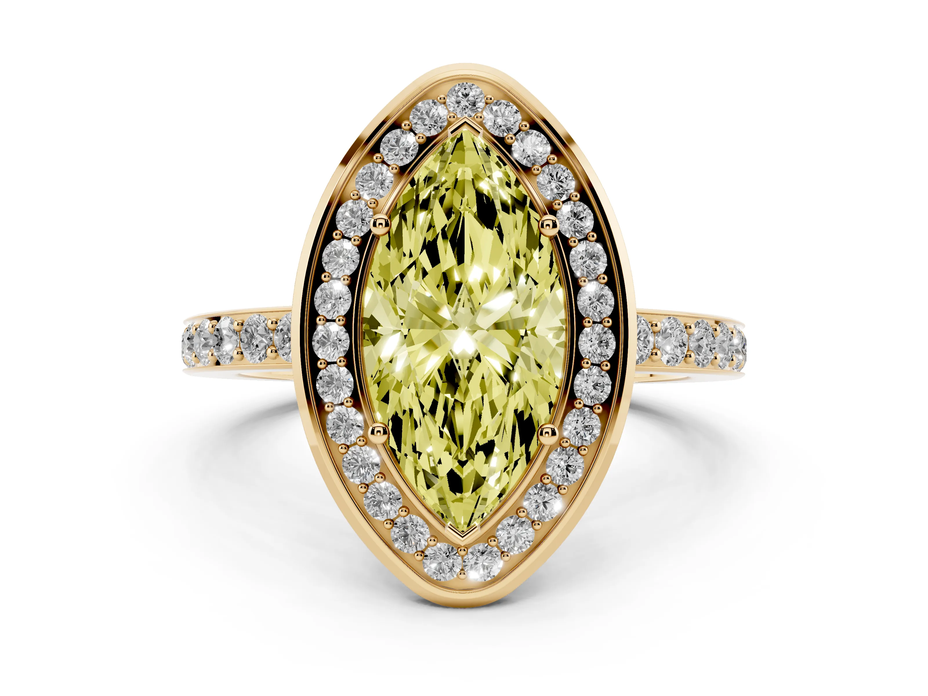 Fancy Yellow Marquise Cut Diamond Halo Ring Set in Yellow gold with Bezel Frame and Pavé Band