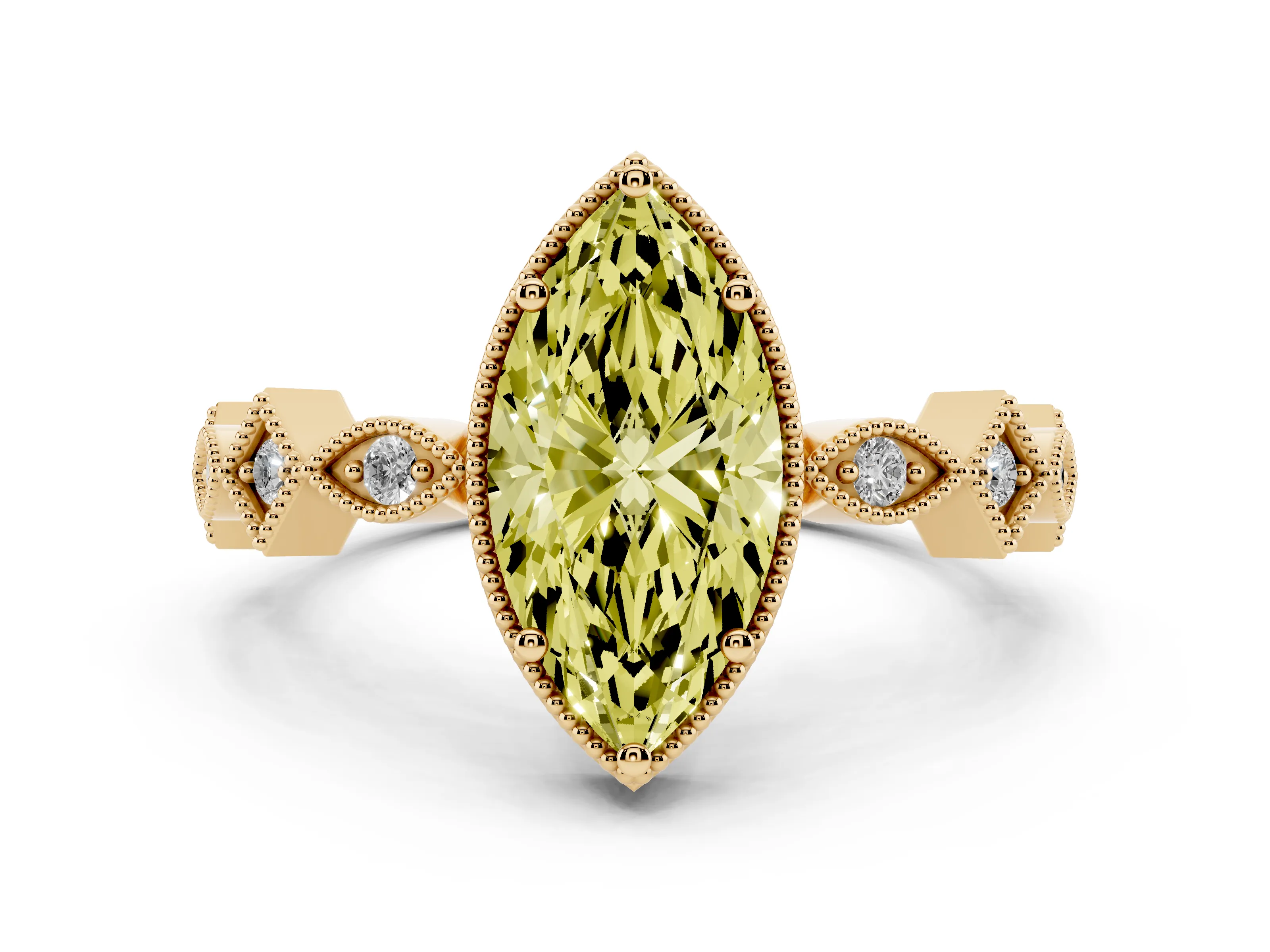 Fancy Yellow Marquise Cut Diamond Milgrain Marquise Twist Band Ring Set in Yellow gold with Prong Setting