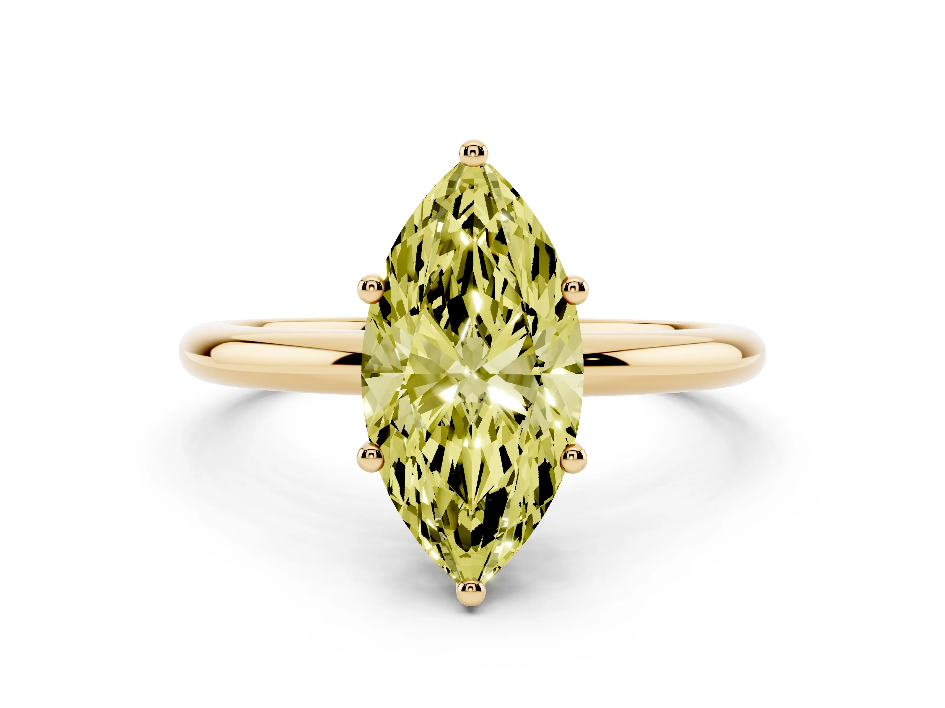 Fancy Yellow Marquise Cut Diamond Solitaire Engagement Ring Set in Yellow gold with Prong Setting and Polished Band