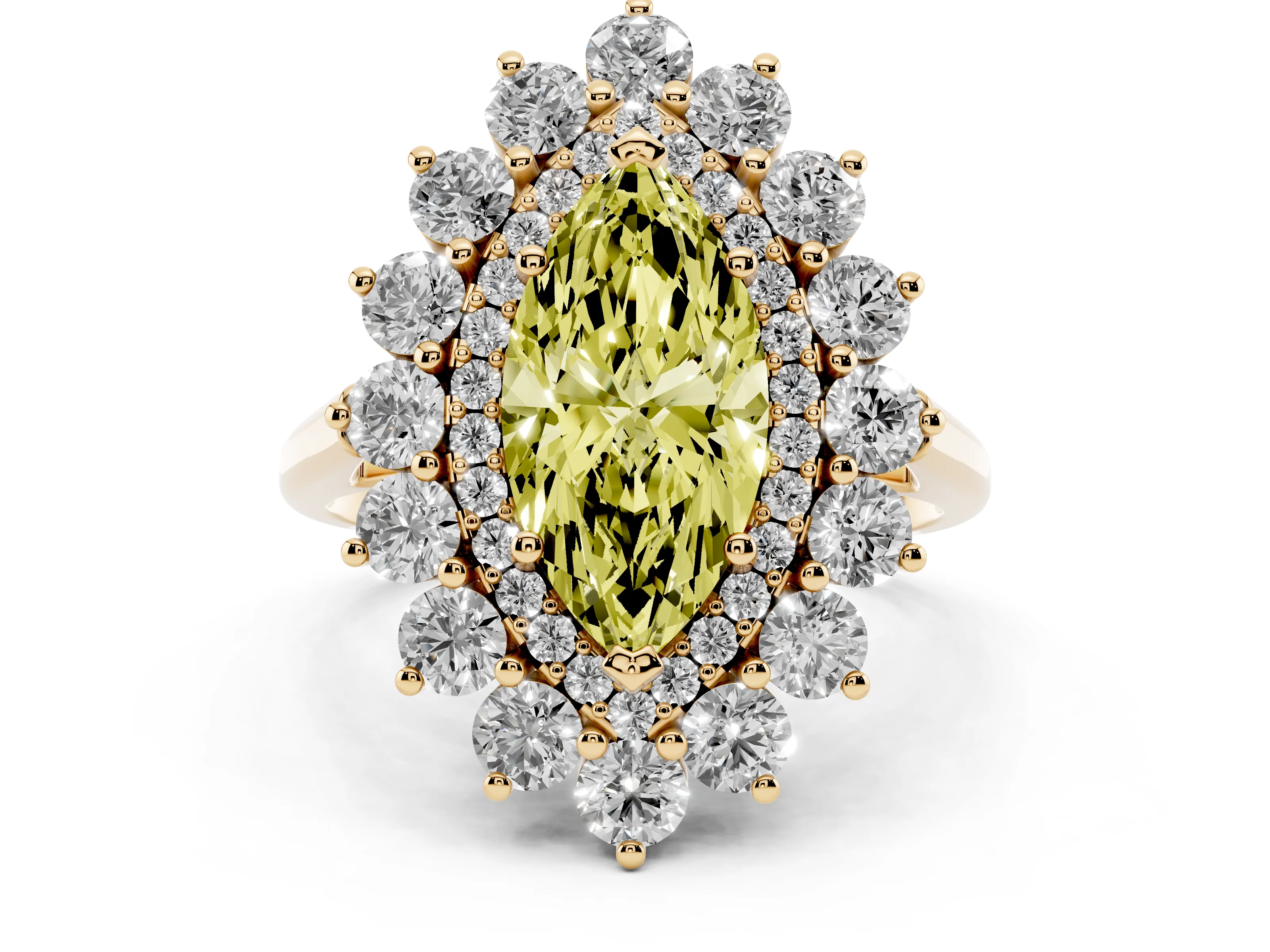 Fancy Yellow Marquise Cut Diamond Floral Double Halo Ring Set in Yellow gold with Round Petals