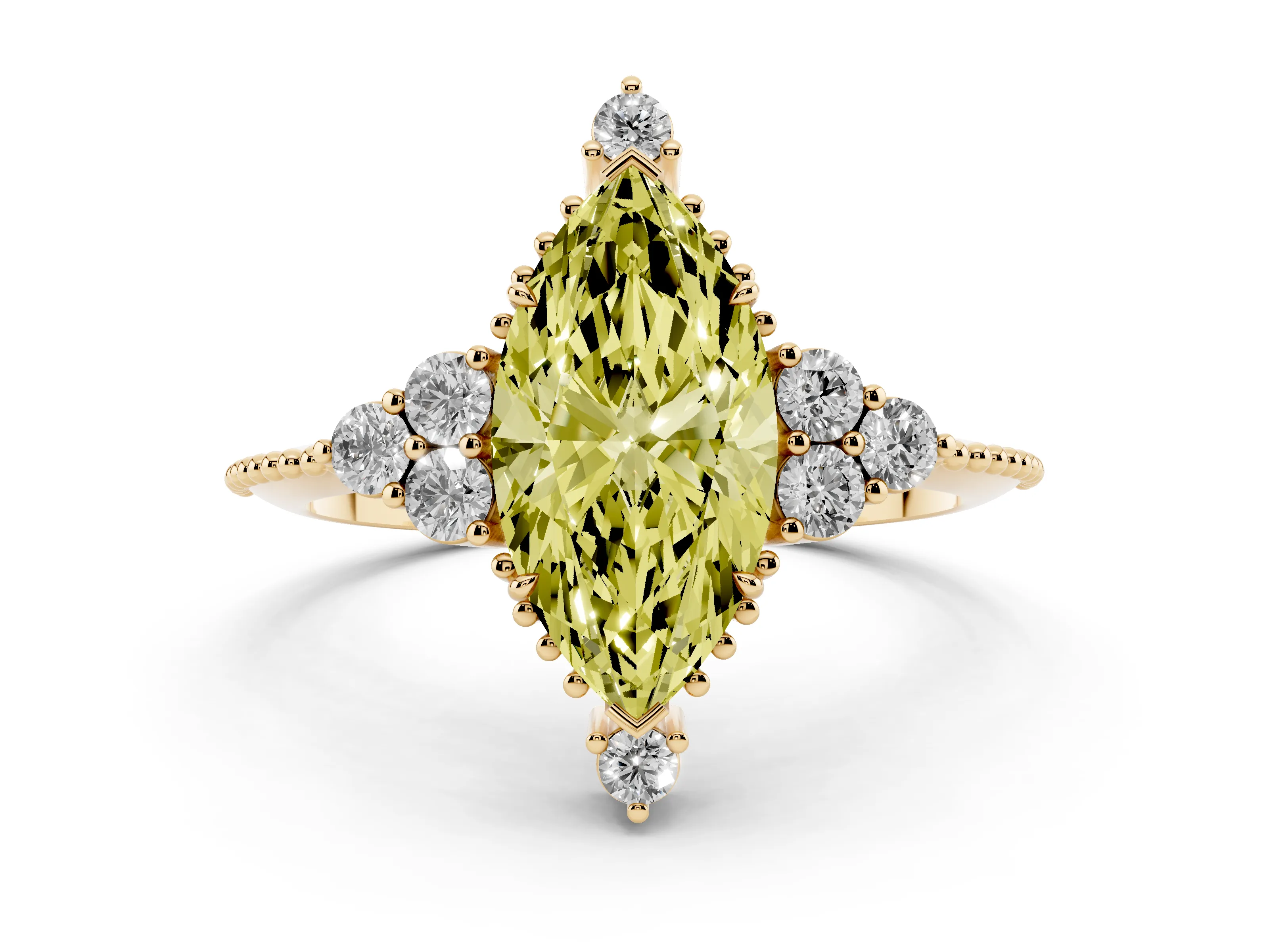 Fancy Yellow Marquise Cut Diamond Cluster Ring Set in Yellow gold with Beaded Band