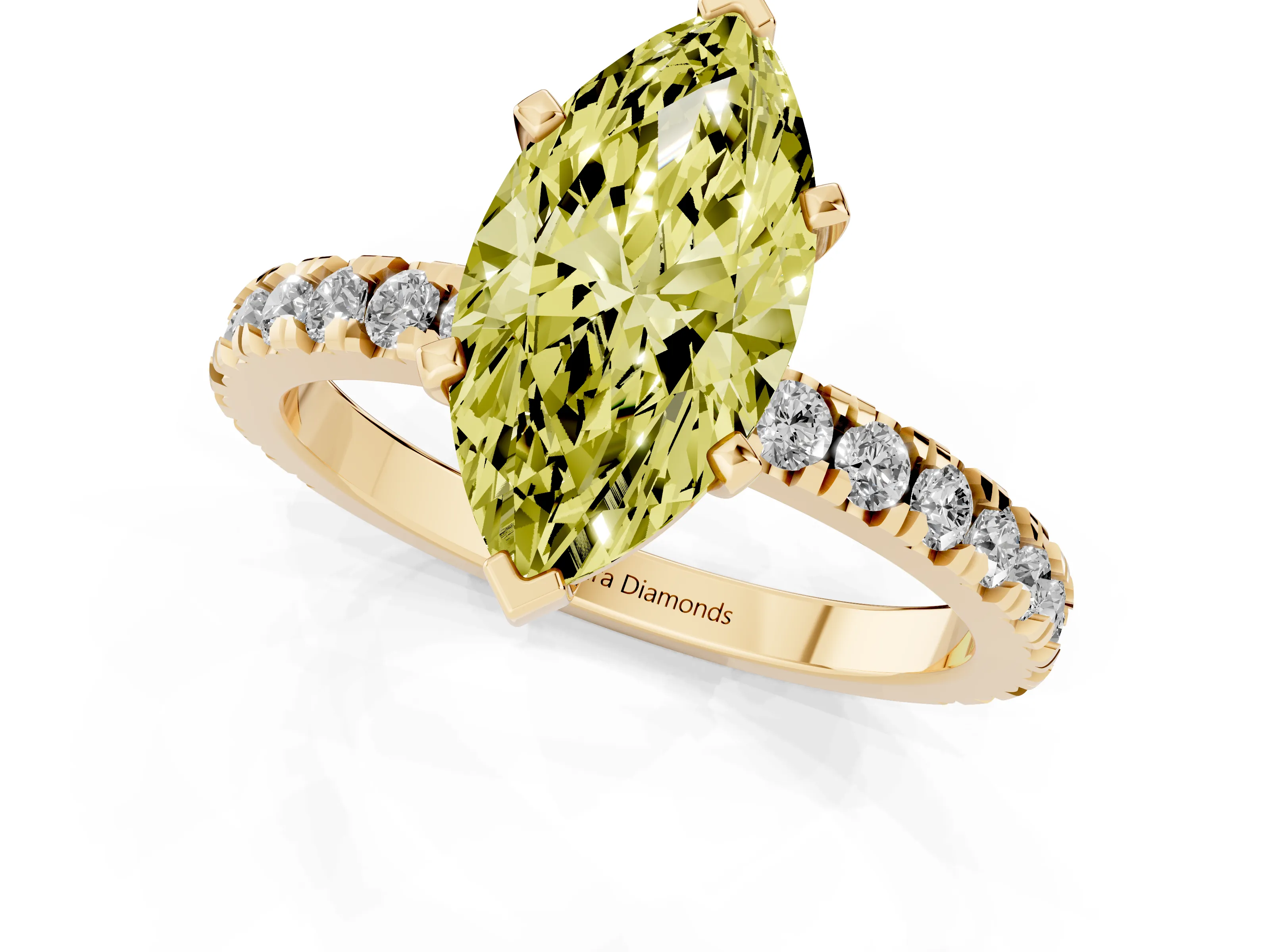 Fancy Yellow Marquise Cut Diamond Pavé Band Solitaire Set in Yellow gold with Prong Setting