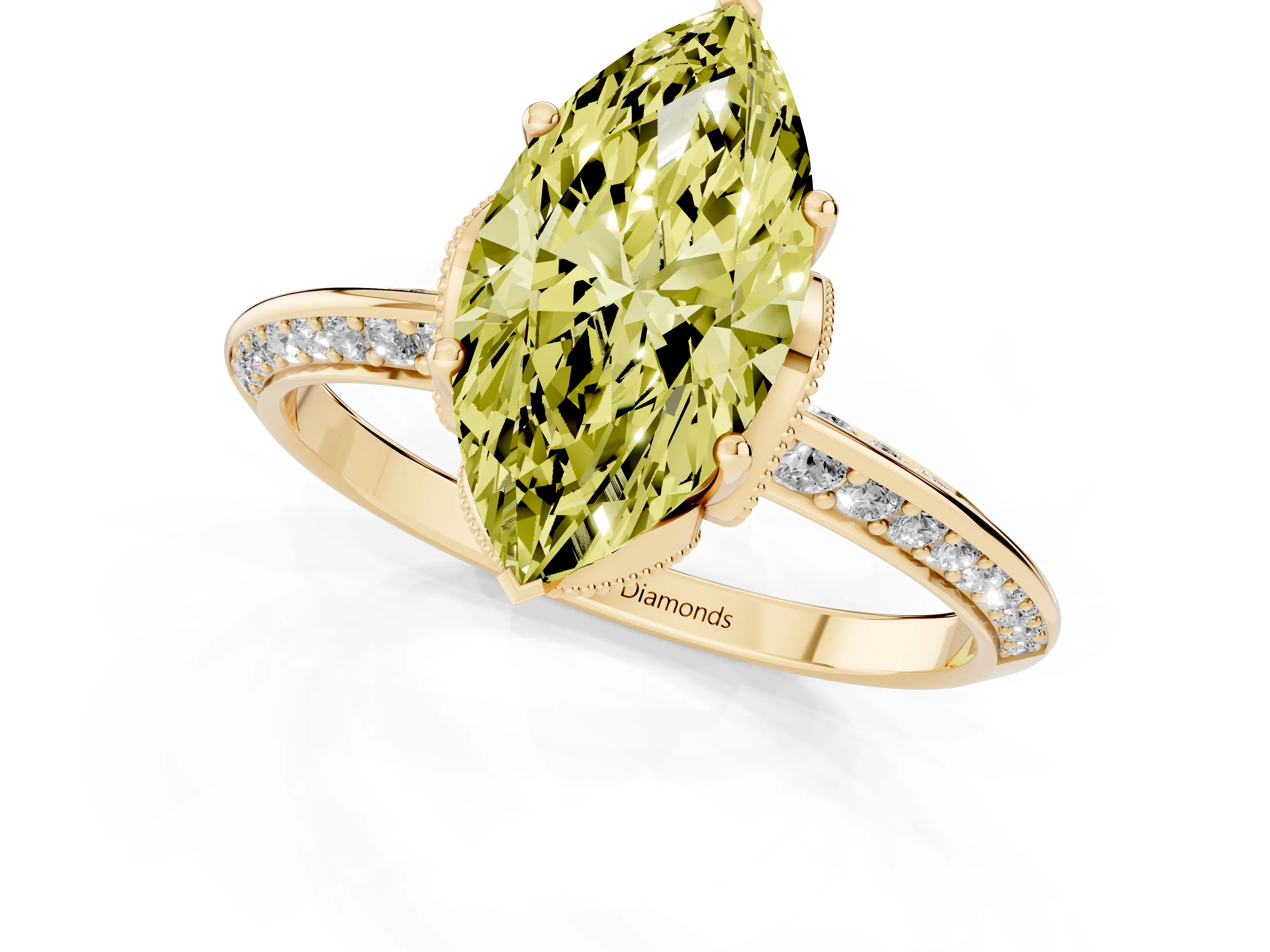 Fancy Yellow Marquise Cut Diamond Solitaire Engagement Ring Set in Yellow gold with Pavé Split Shank and Prong Setting