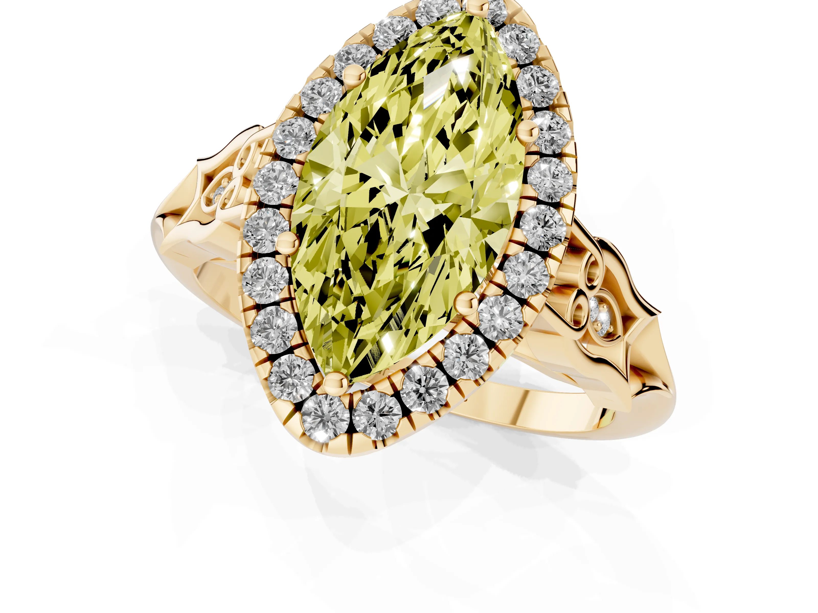 Fancy Yellow Marquise Cut Diamond Halo Engagement Ring Set in Yellow gold with Filigree Band and Prong-Set Center