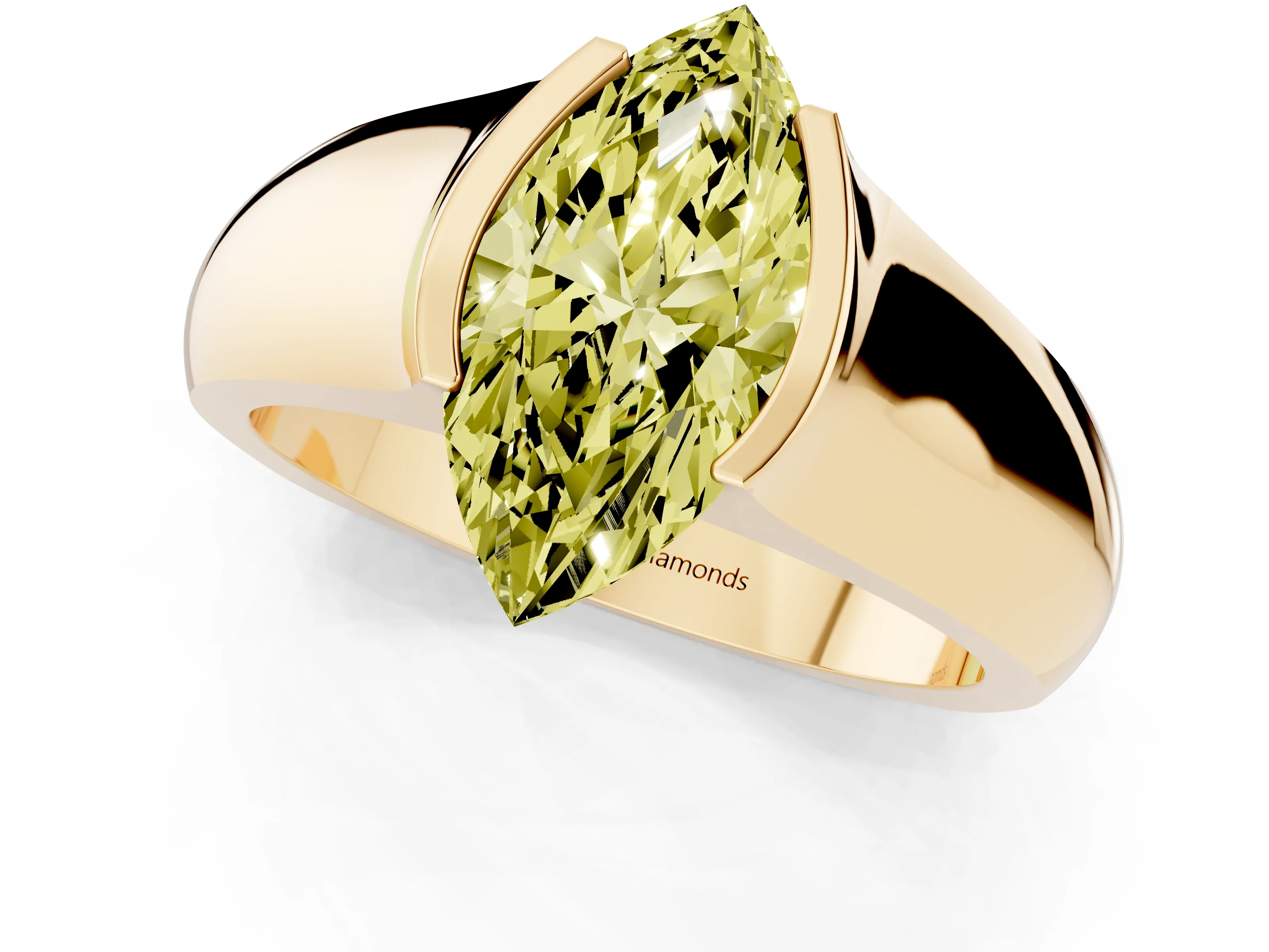 Fancy Yellow Marquise Cut Diamond Bezel Solitaire Ring Set in Yellow gold with Wide Band
