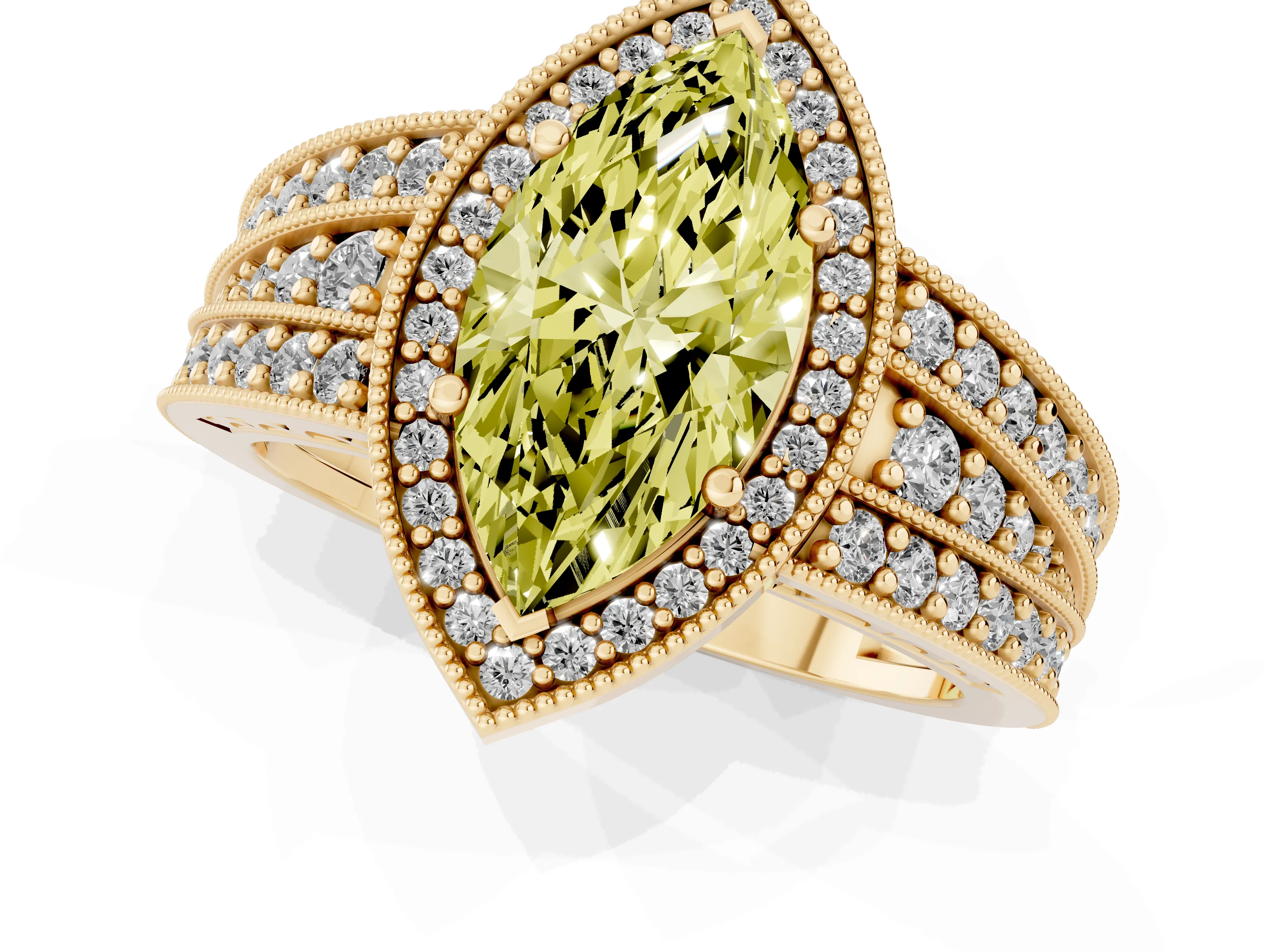 Fancy Yellow Marquise Cut Diamond Halo Ring Set in Yellow gold with Accent Split Shank and Prong Setting