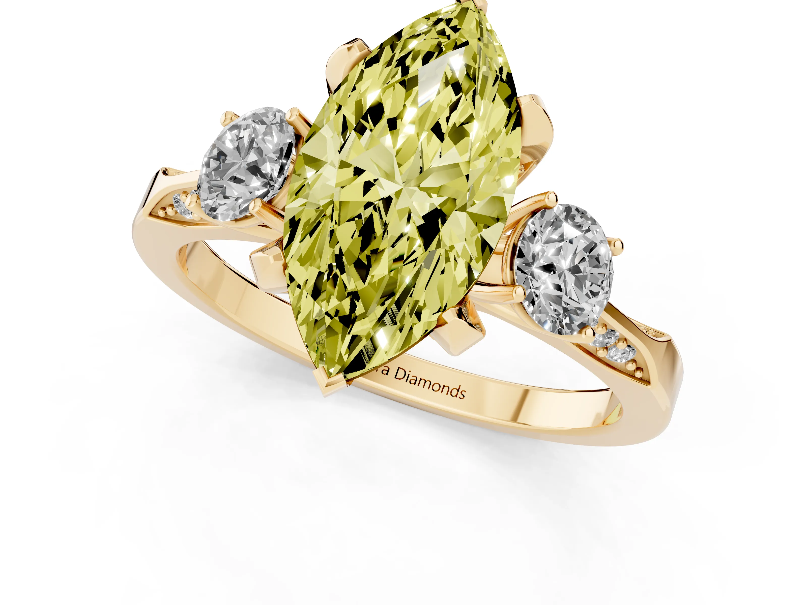 Fancy Yellow Marquise Cut Diamond Three-Stone Ring Set in Yellow gold with Pavé Band and Smaller Side Stones