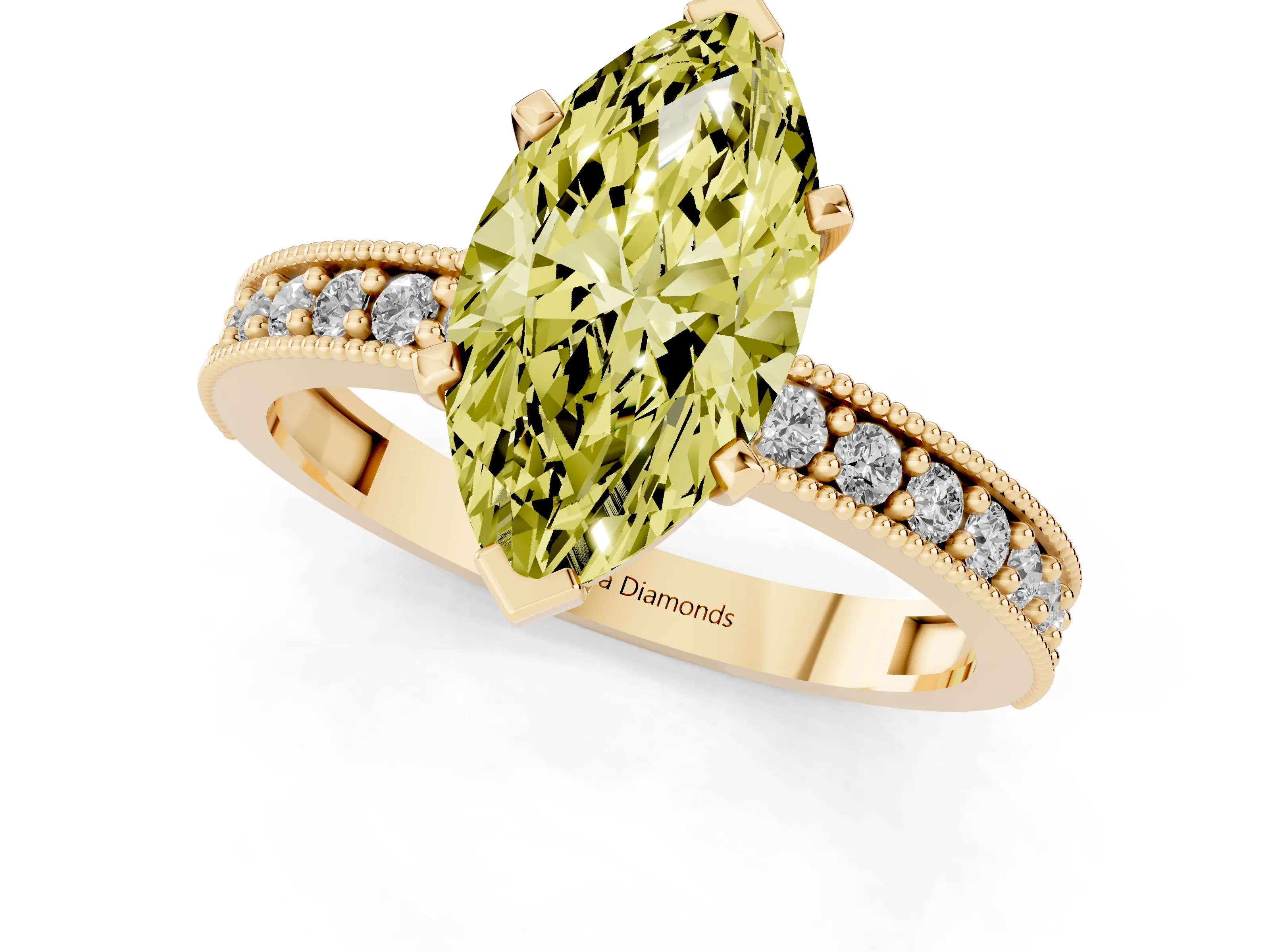 Fancy Yellow Marquise Cut Diamond Milgrain Pavé Engagement Ring Set in Yellow gold with Prong Setting