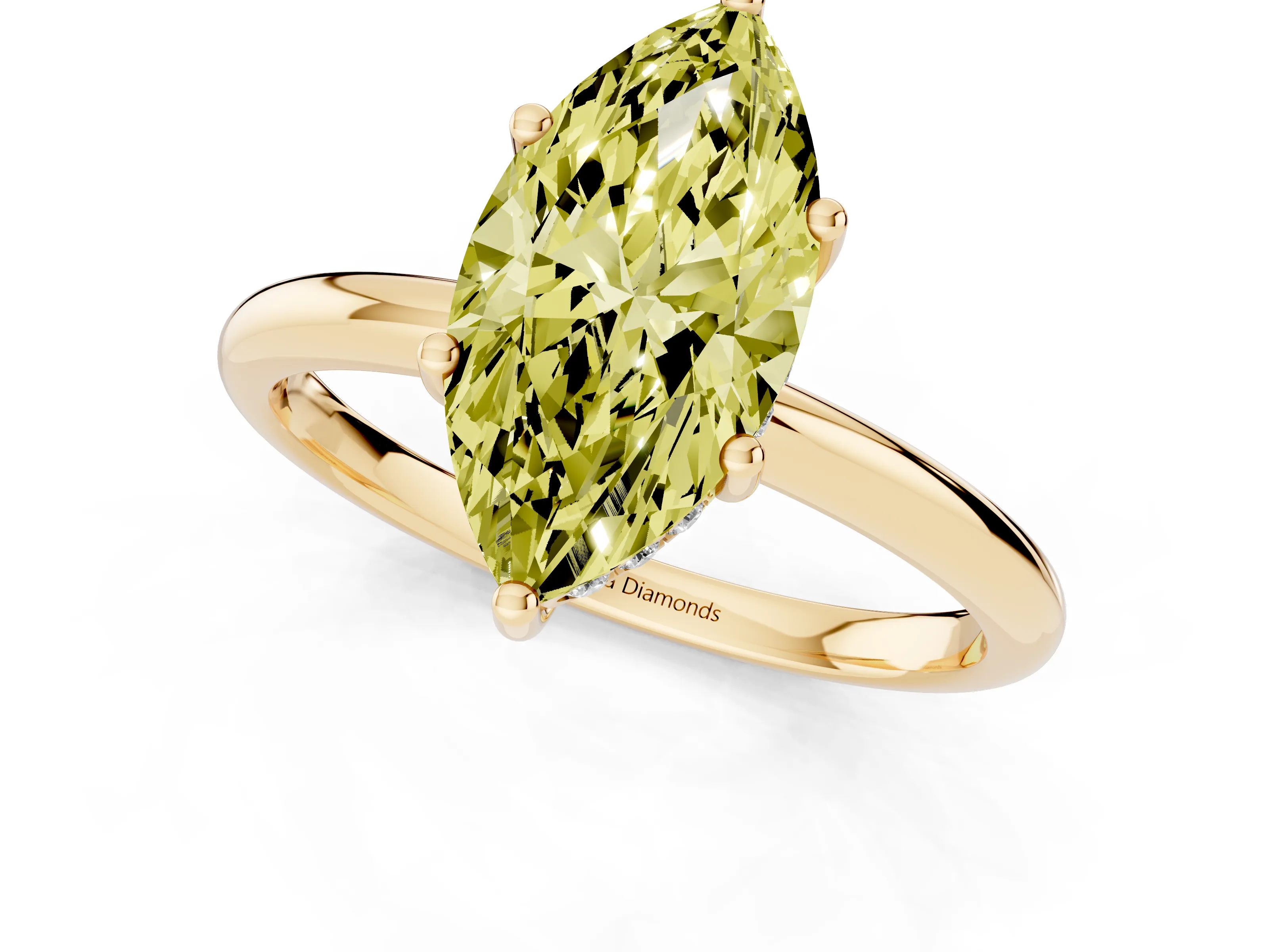 Fancy Yellow Marquise Cut Diamond Solitaire Engagement Ring Set in Yellow gold with Prong Setting and Polished Band