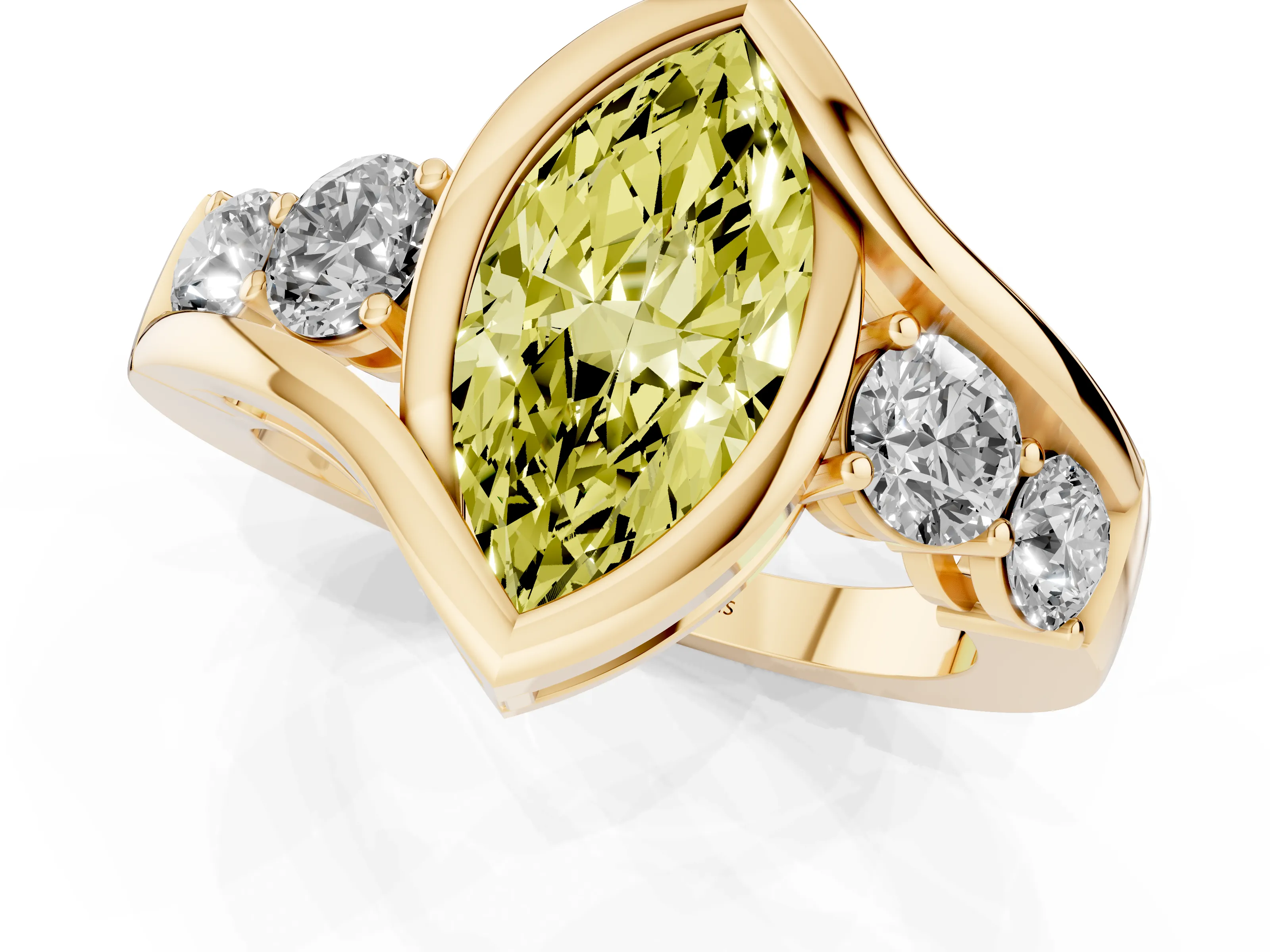 Fancy Yellow Marquise Cut Diamond Bezel Bypass Ring Set in Yellow gold with Round Accents