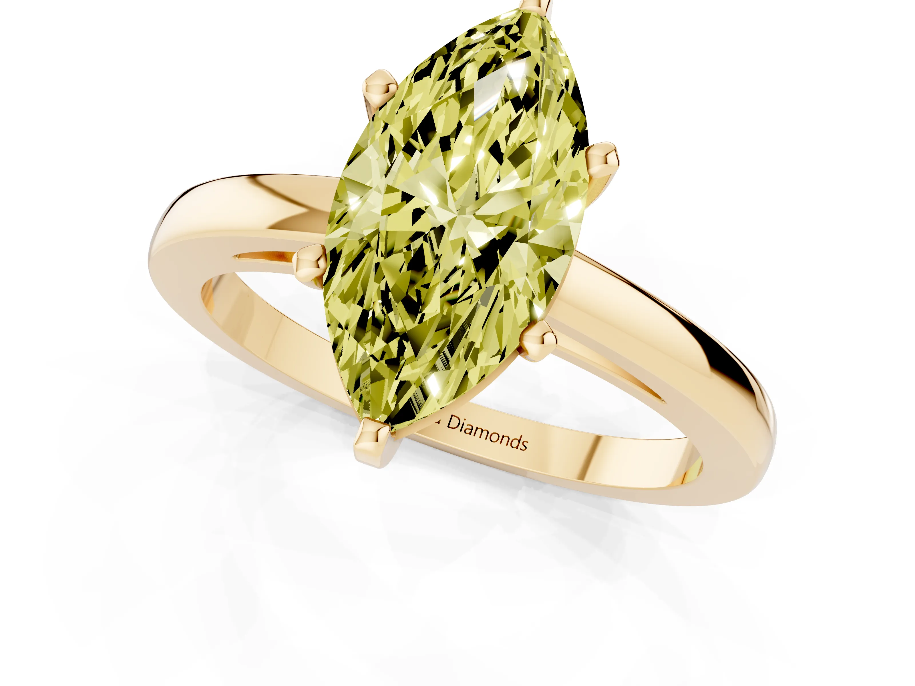 Fancy Yellow Marquise Cut Diamond Solitaire Engagement Ring Set in Yellow gold with Prong Setting on a Classic Band