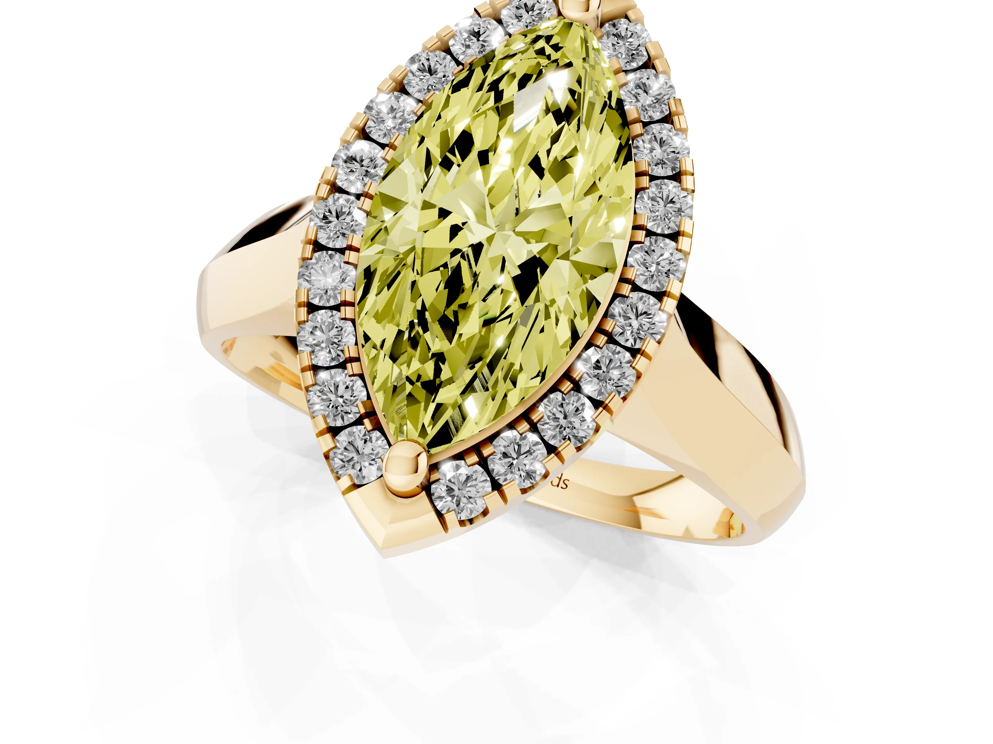 Fancy Yellow Marquise Cut Diamond Halo Solitaire Engagement Ring Set in Yellow gold with Square Band and Prong Setting