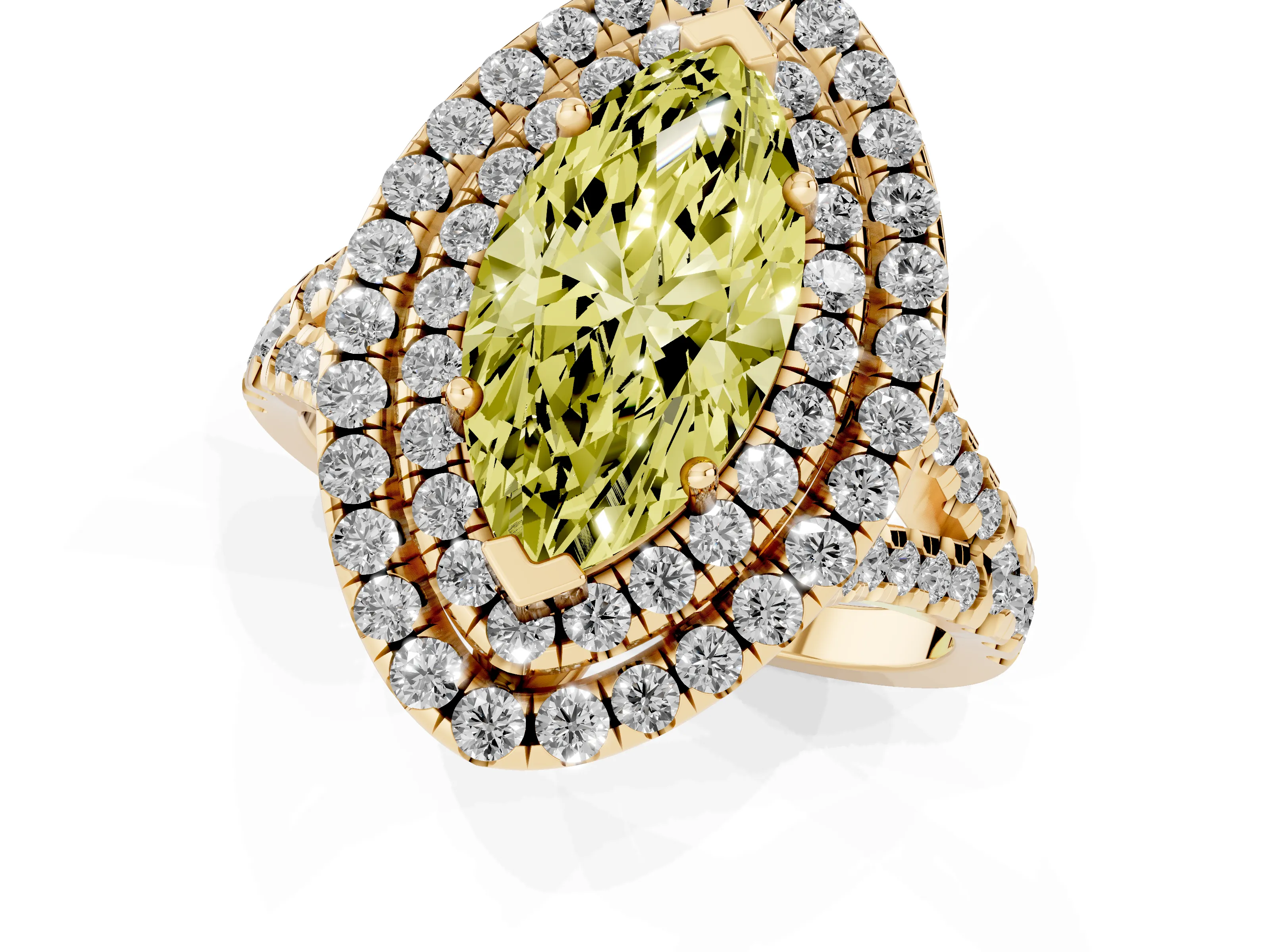 Fancy Yellow Marquise Cut Diamond Double Halo Ring Set in Yellow gold with Pavé Split Shank and Prong Setting