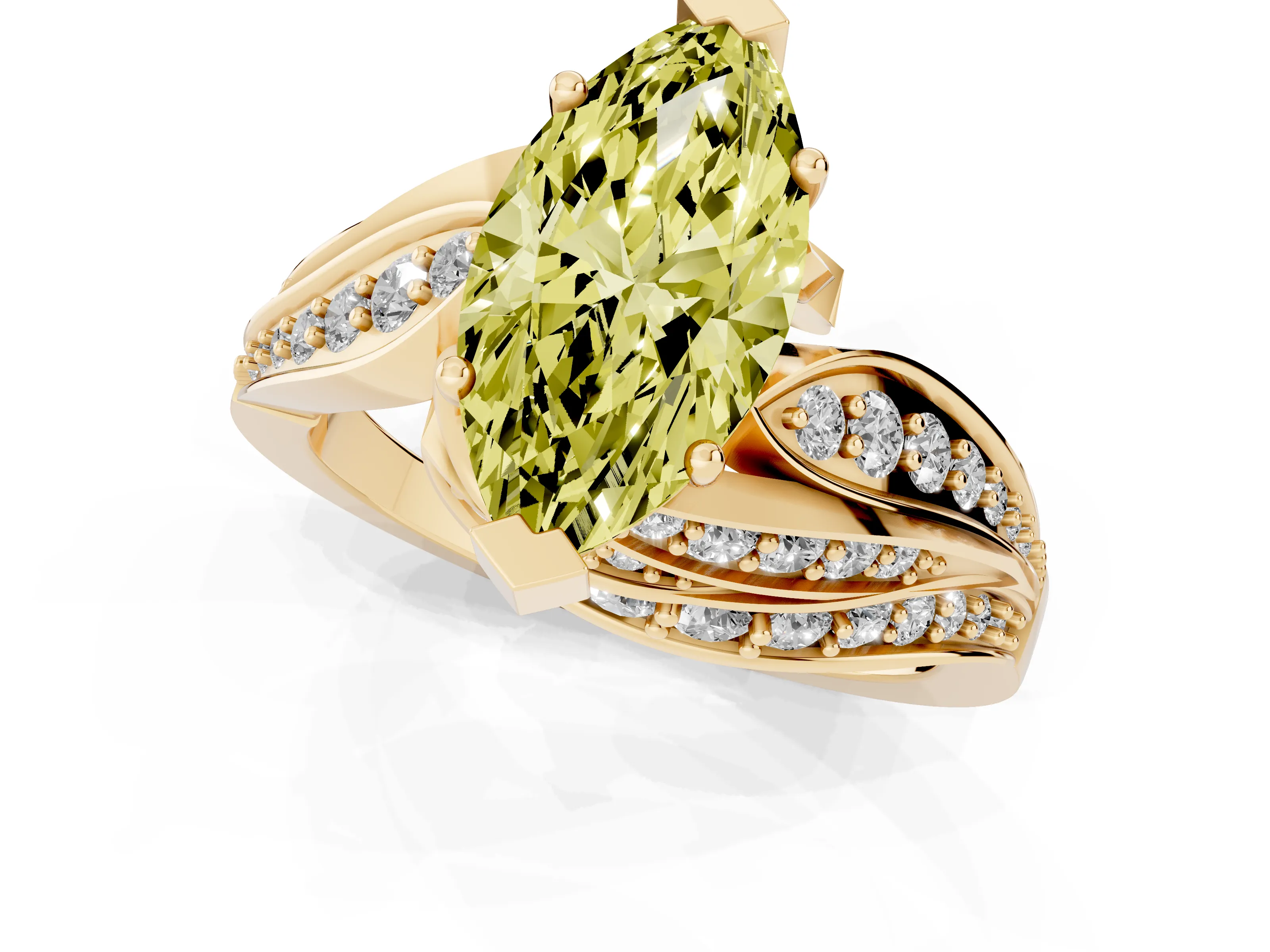 Fancy Yellow Marquise Cut Diamond Solitaire Ring Set in Yellow gold with Layered Twist Pavé Band
