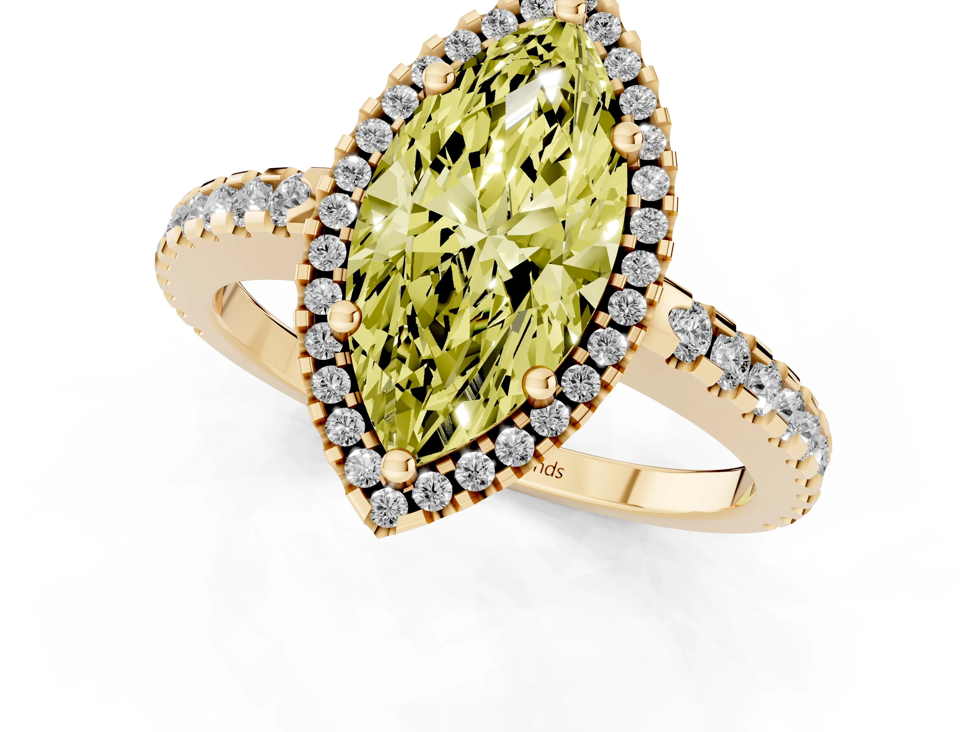 Fancy Yellow Marquise Cut Diamond Halo Ring Set in Yellow gold with Pavé Shoulders and Halo-Framed Center
