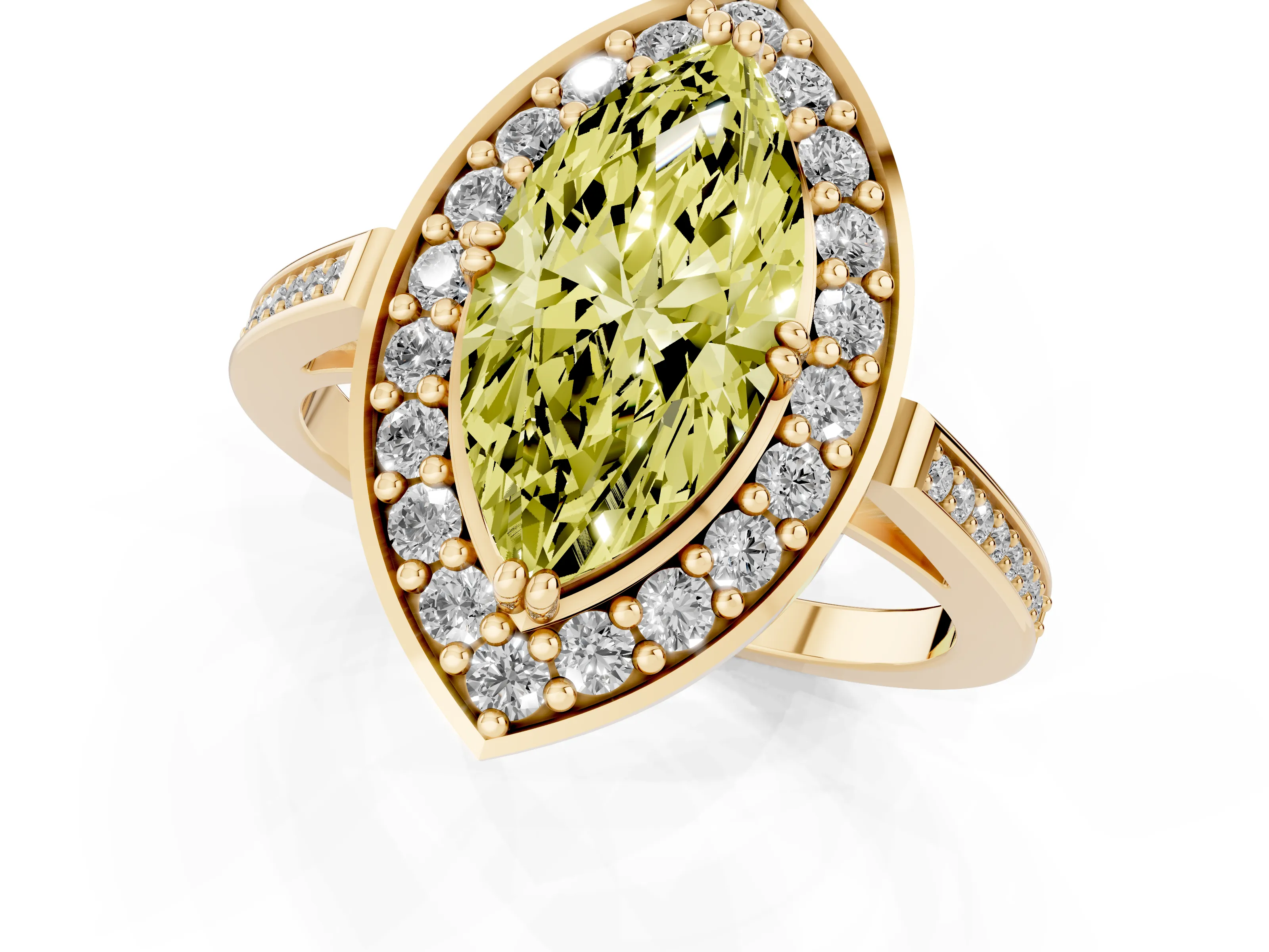 Fancy Yellow Marquise Cut Diamond Halo Ring Set in Yellow gold with Accent-Lined Split Shank and Prong Setting