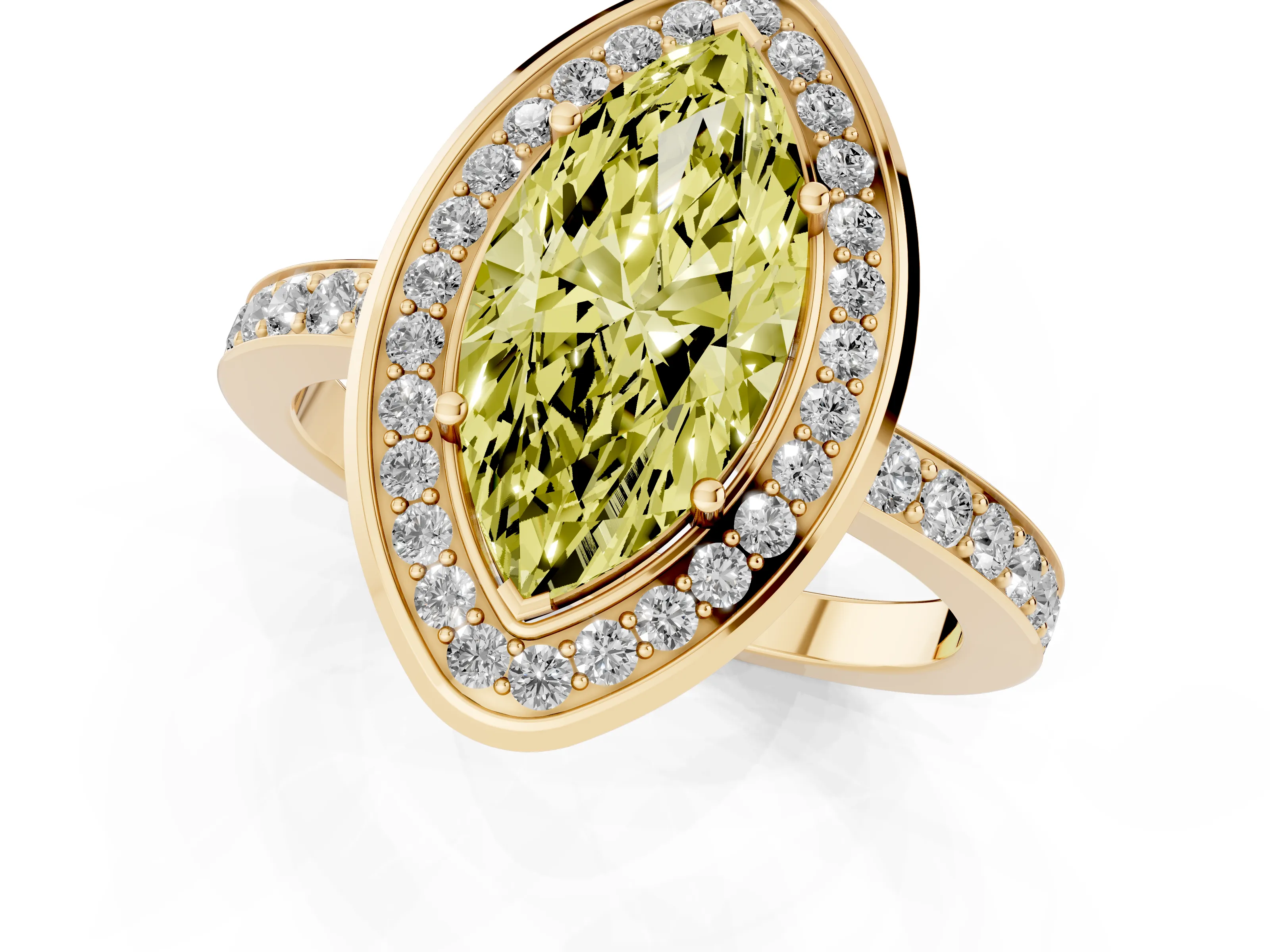 Fancy Yellow Marquise Cut Diamond Halo Ring Set in Yellow gold with Bezel Frame and Pavé Band