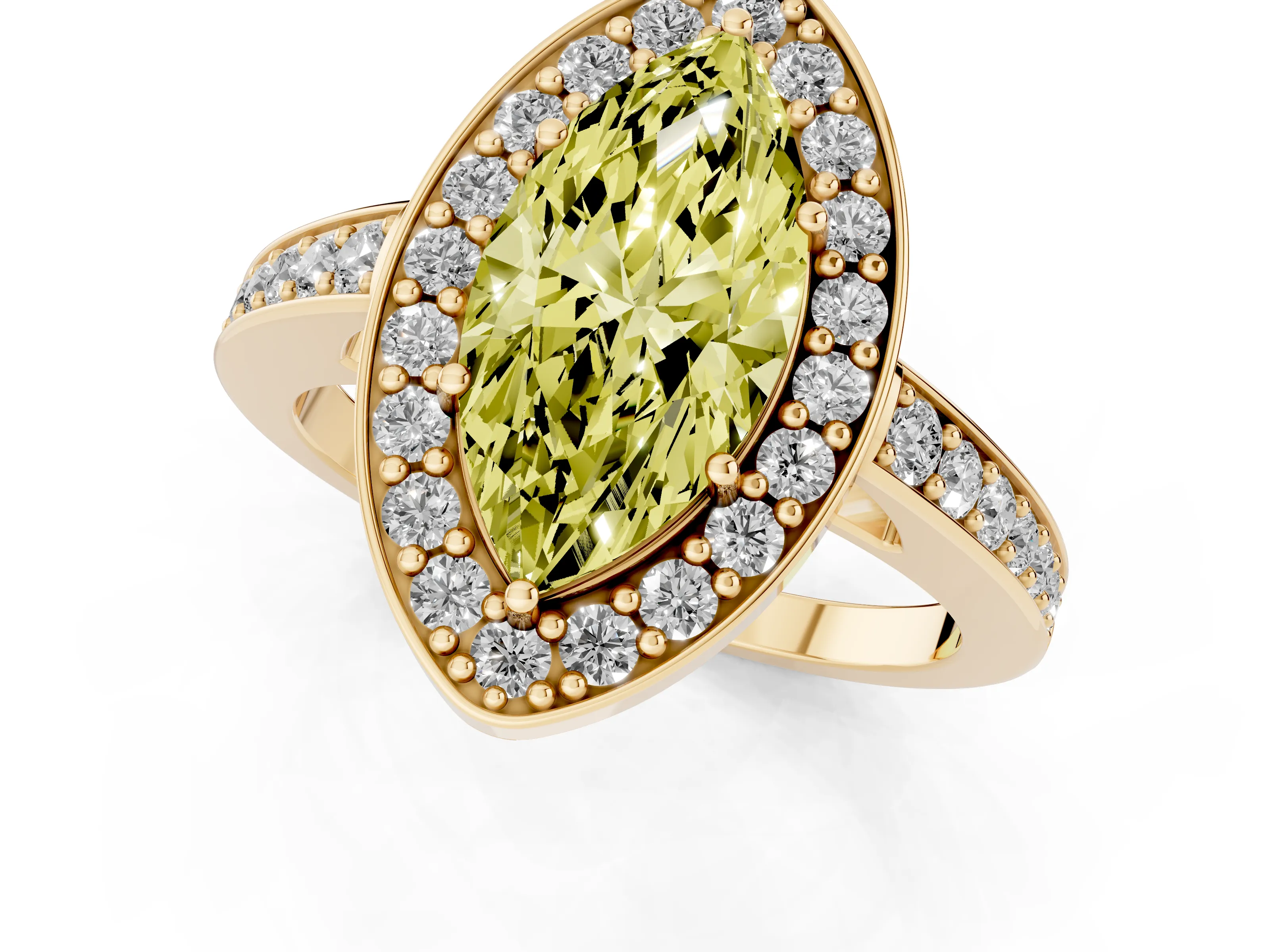 Fancy Yellow Marquise Cut Diamond Halo Pavé Engagement Ring Set in Yellow gold with Bezel Setting