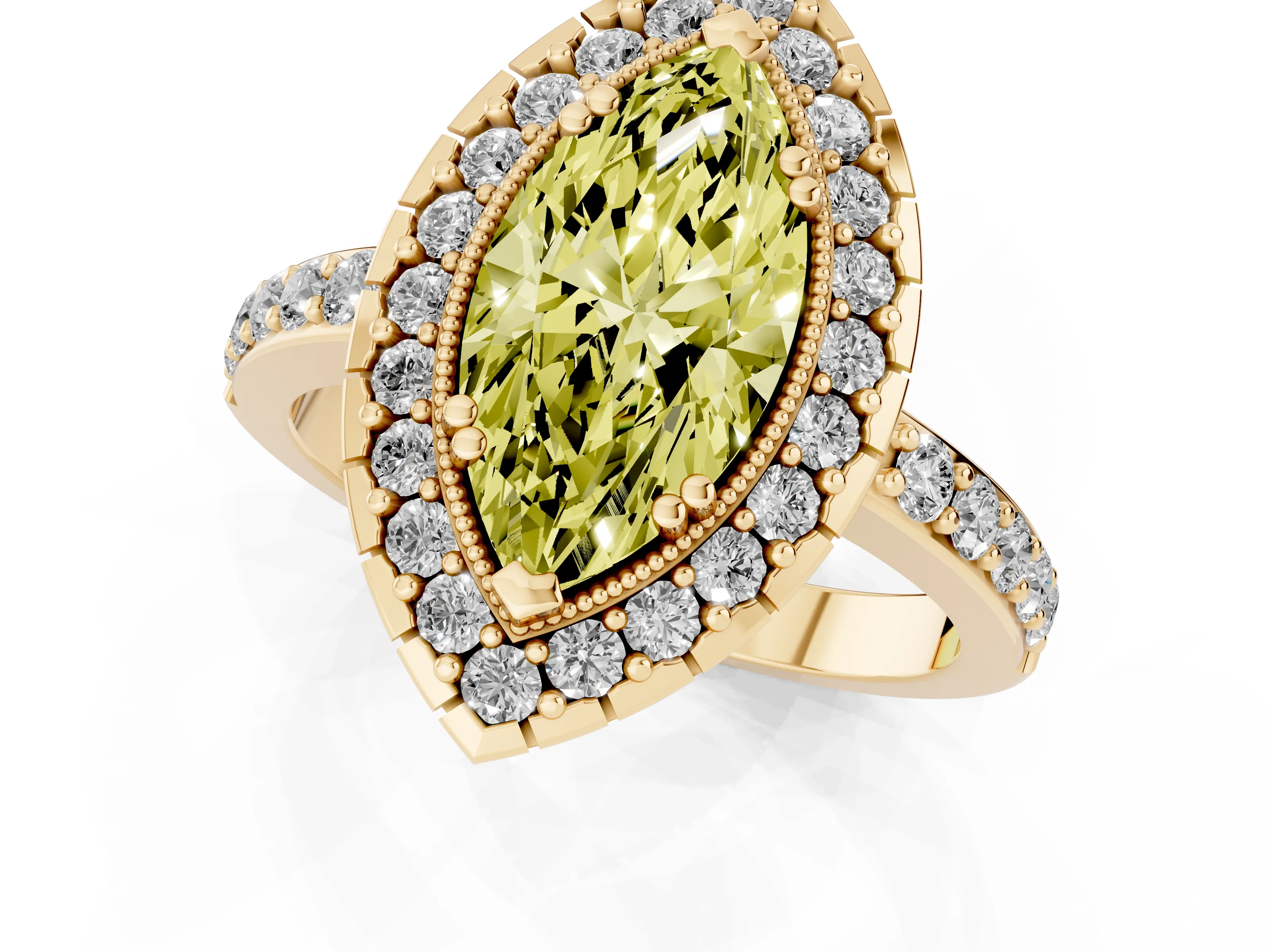 Fancy Yellow Marquise Cut Diamond Halo Ring Set in Yellow gold with Pavé Shank and Prong Setting
