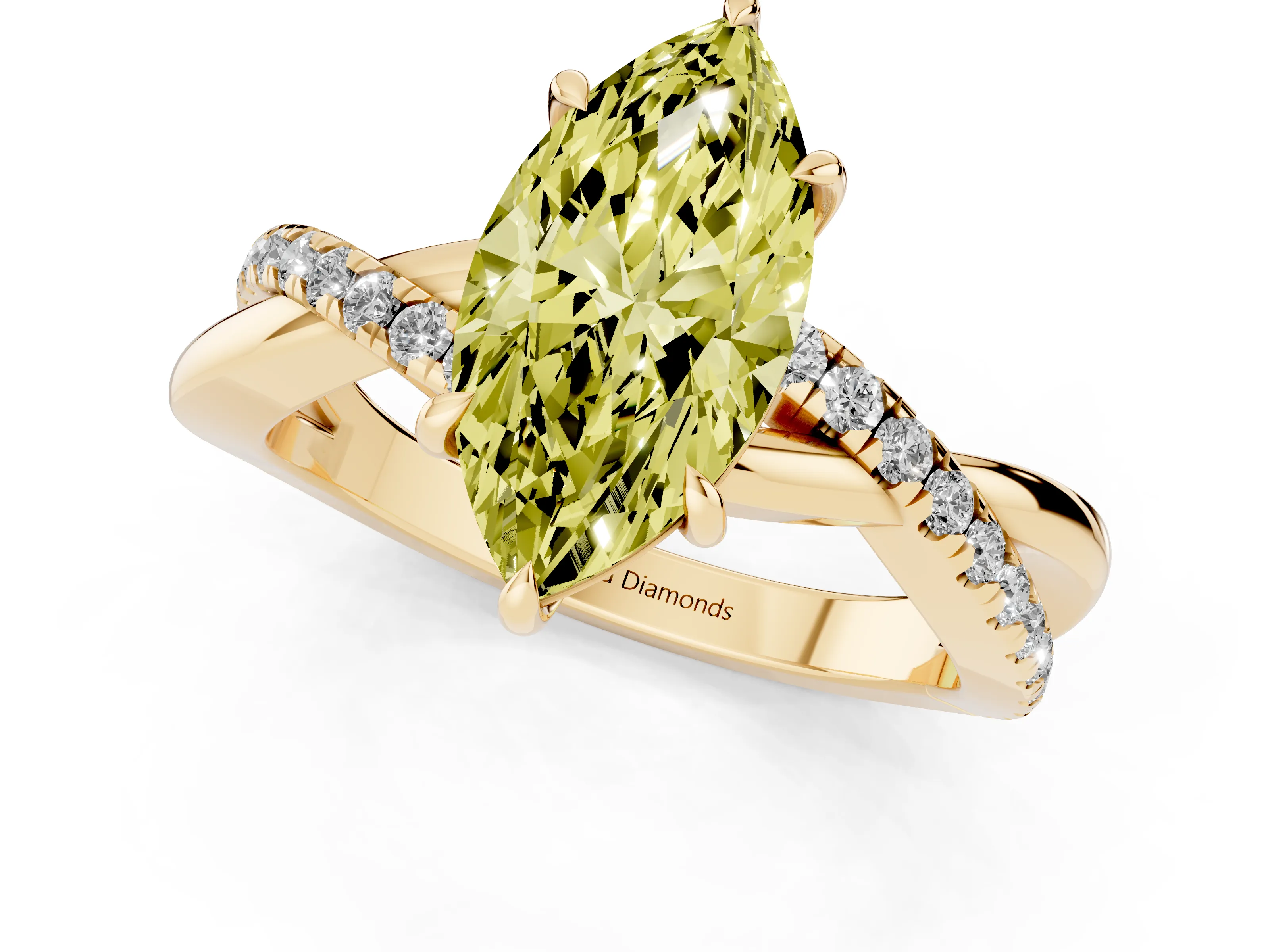 Fancy Yellow Marquise Cut Diamond Twisted Pavé Band Ring Set in Yellow gold with Prong Setting