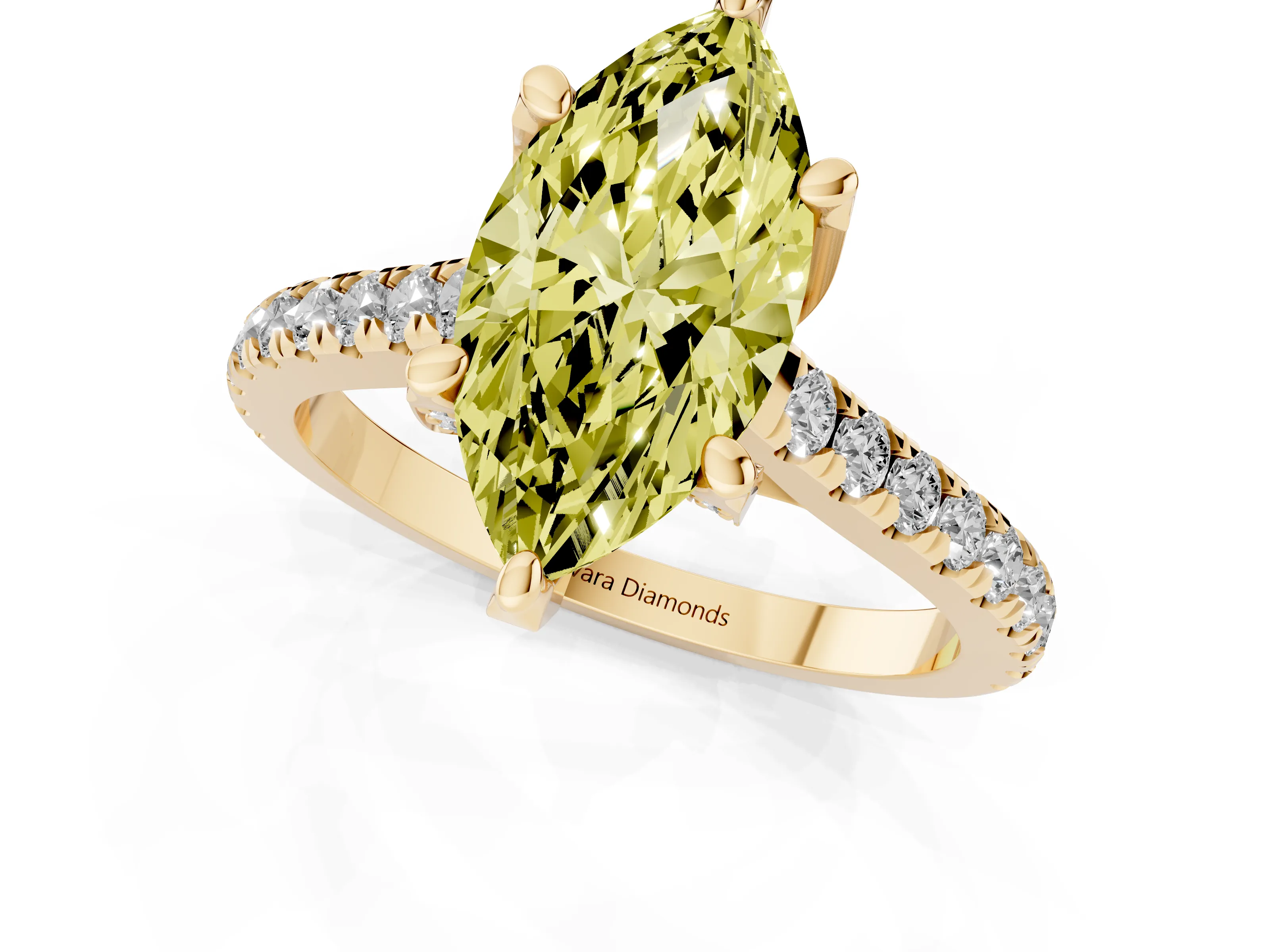Fancy Yellow Marquise Cut Diamond Solitaire Ring Set in Yellow gold with Brilliant Pavé Band and Prong Setting