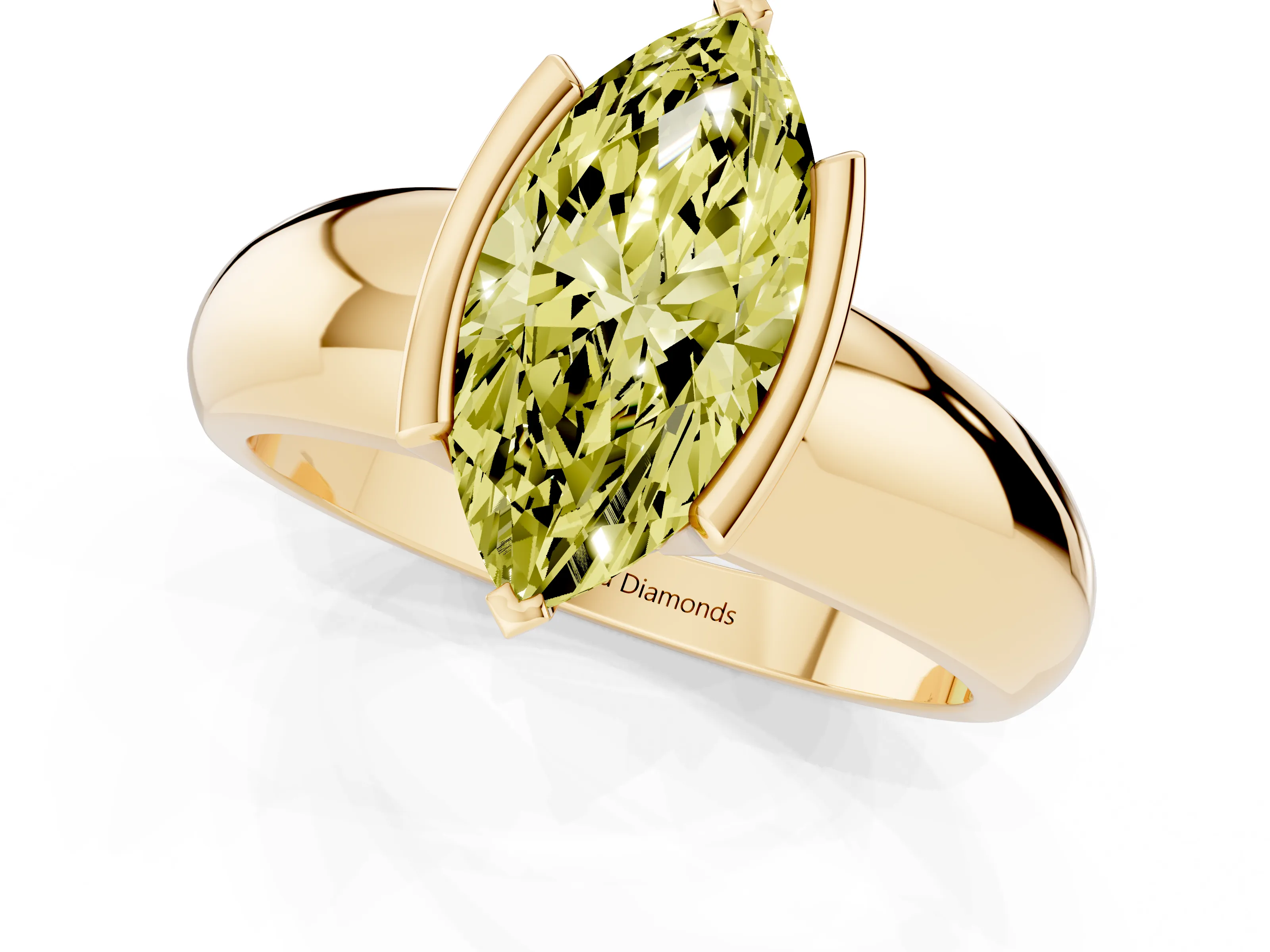 Fancy Yellow Marquise Cut Diamond Solitaire Tension Set Ring Set in Yellow gold with Wide Band