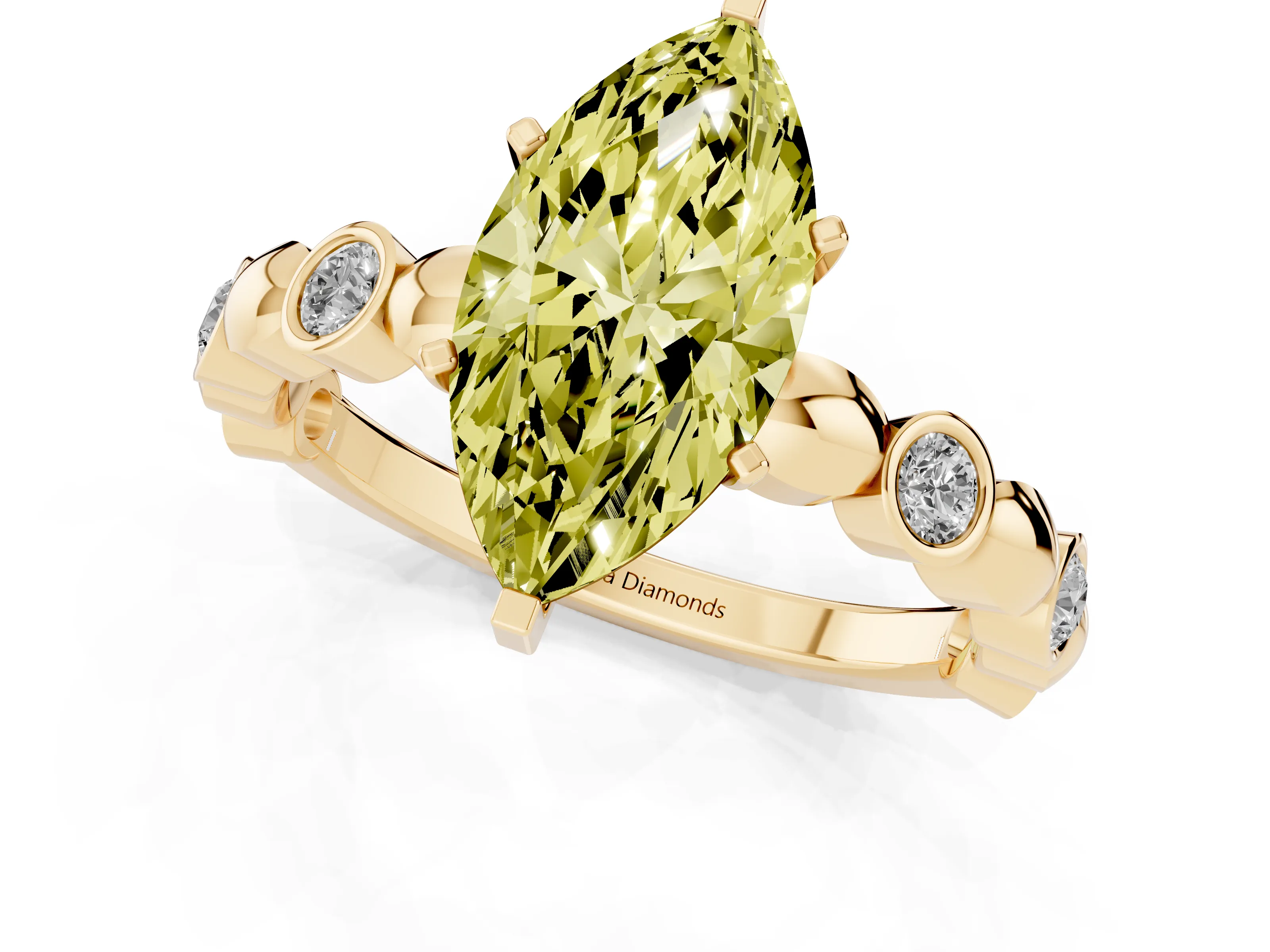 Fancy Yellow Marquise Cut Diamond Solitaire Ring Set in Yellow gold with Bezel-Set Accents on Beaded Band and Prong Setting