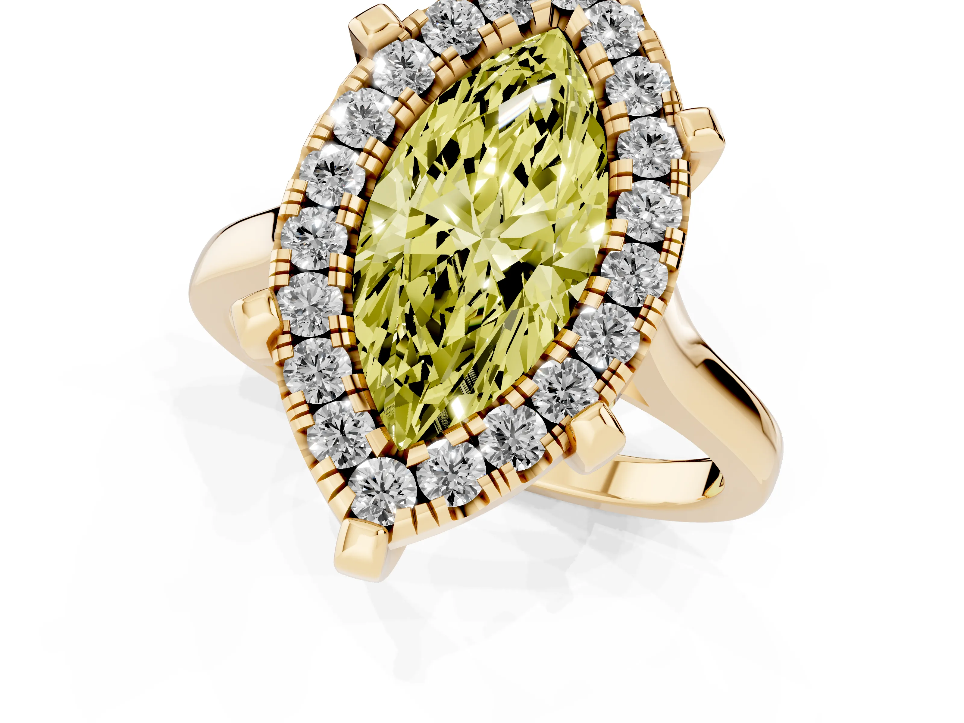 Fancy Yellow Marquise Cut Diamond Cluster Halo Solitaire Ring Set in Yellow gold with Prong Setting