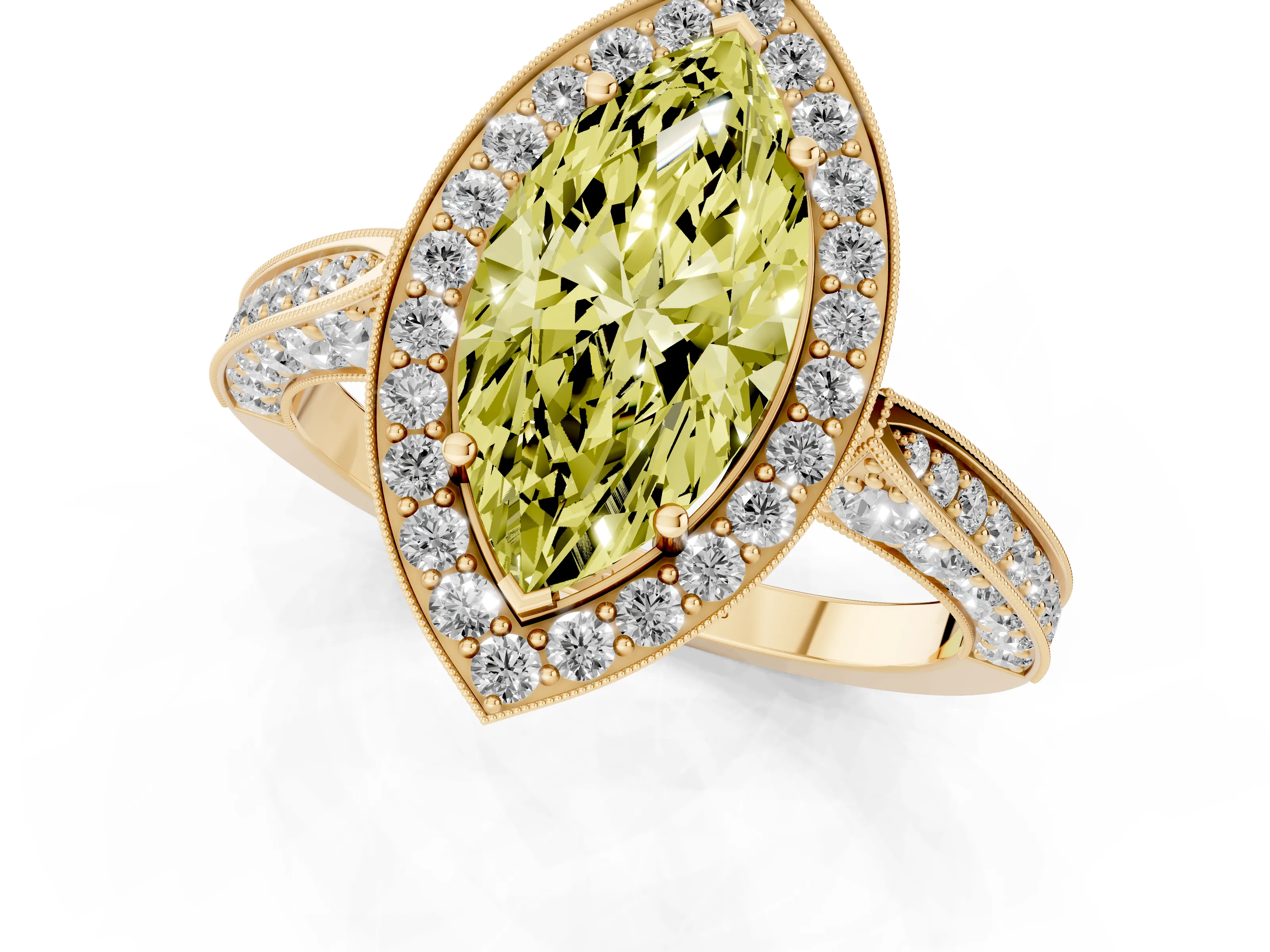 Fancy Yellow Marquise Cut Diamond Halo Engagement Ring Set in Yellow gold with Accent Split Shank Band