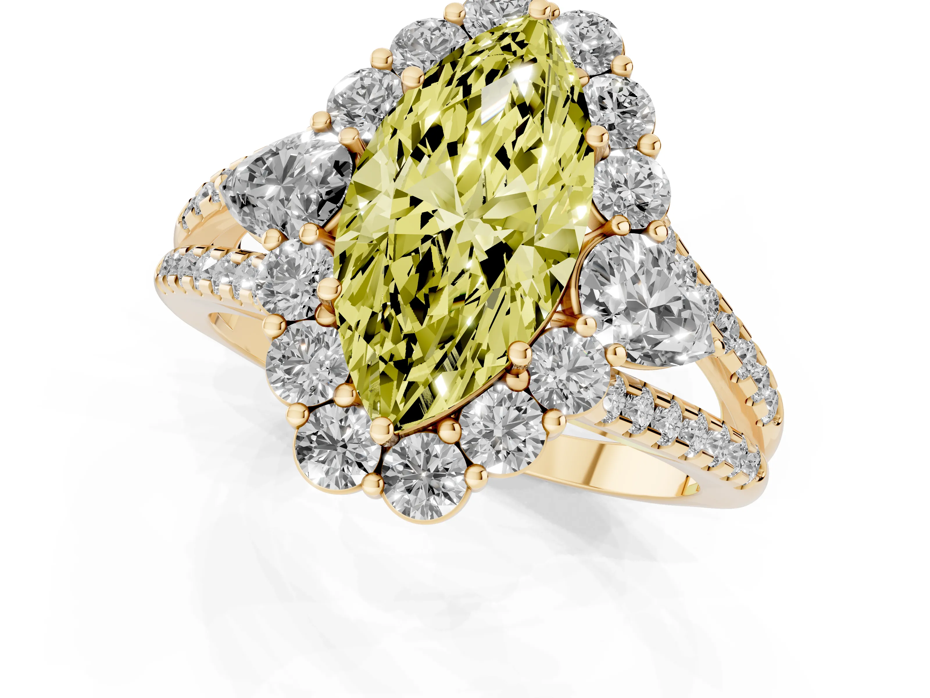 Fancy Yellow Marquise Cut Diamond Halo Split Shank Engagement Ring Set in Yellow gold with Prong-Held Center Stone