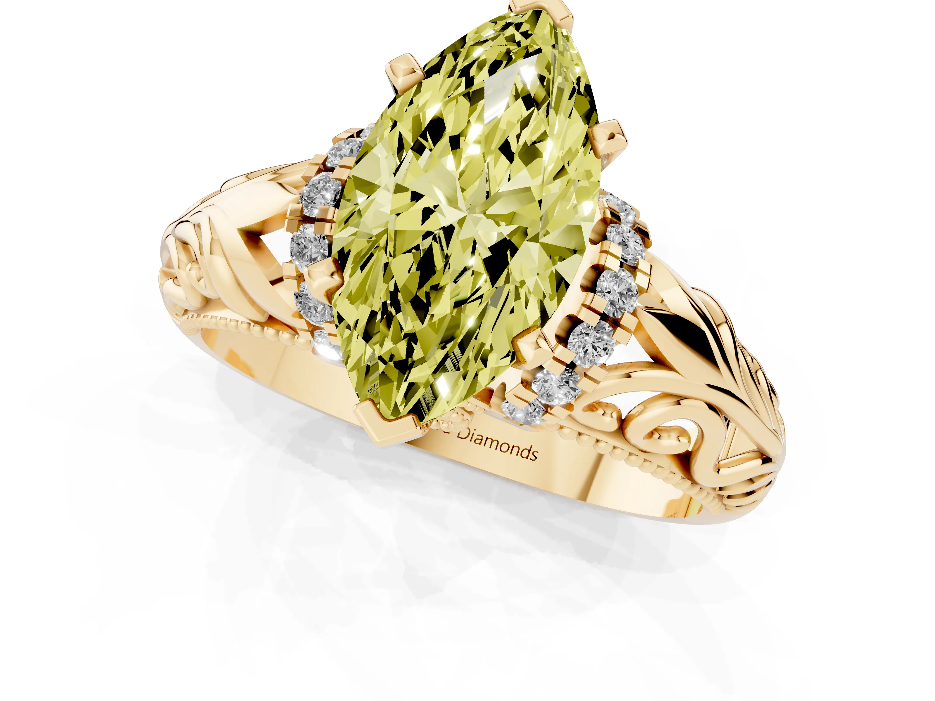Fancy Yellow Marquise Cut Diamond Filigree Halo Engagement Ring Set in Yellow gold with Prong Setting