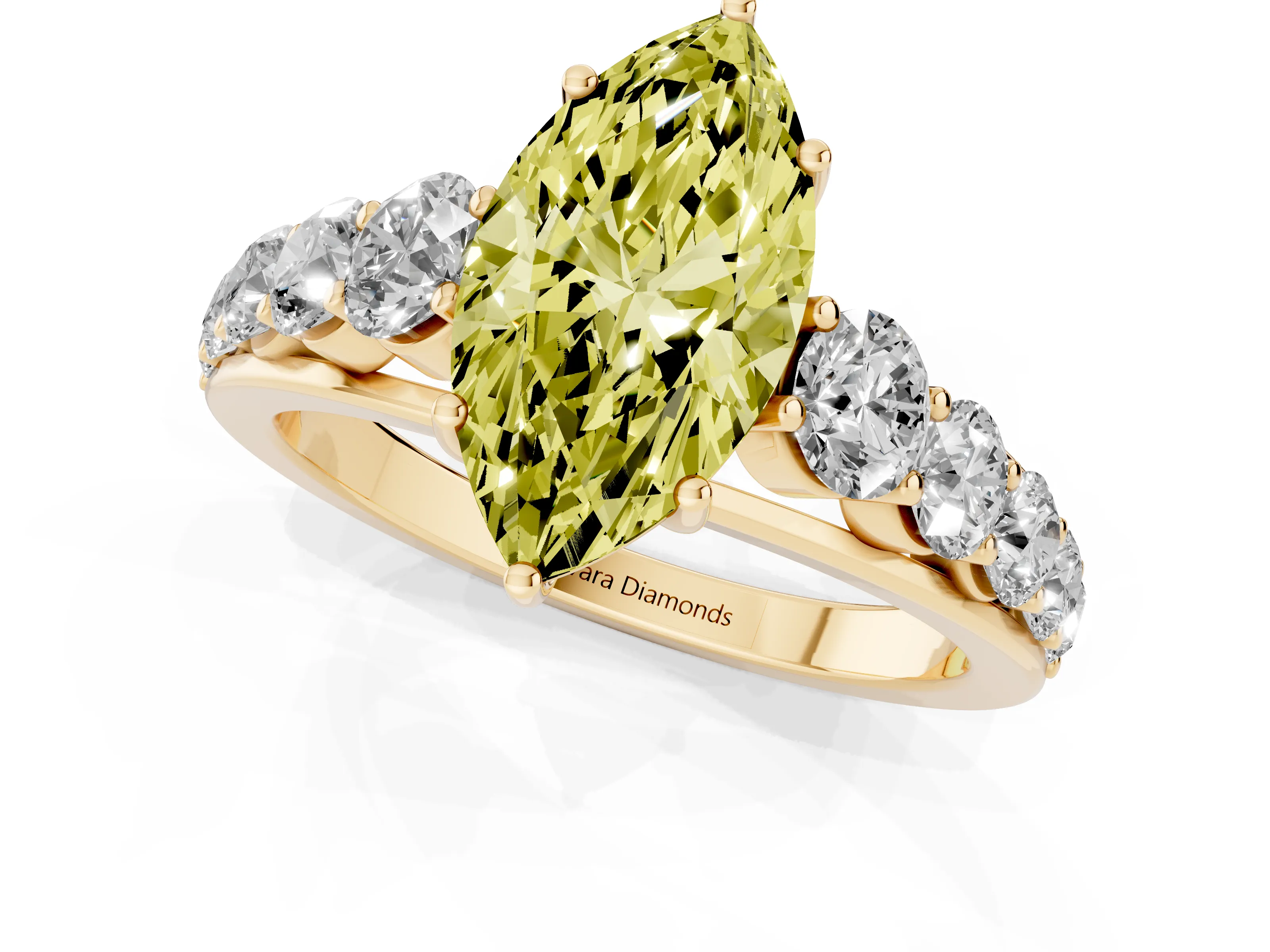 Fancy Yellow Marquise Cut Diamond Solitaire Ring Set in Yellow gold with Pavé-Set Band and Prong Setting