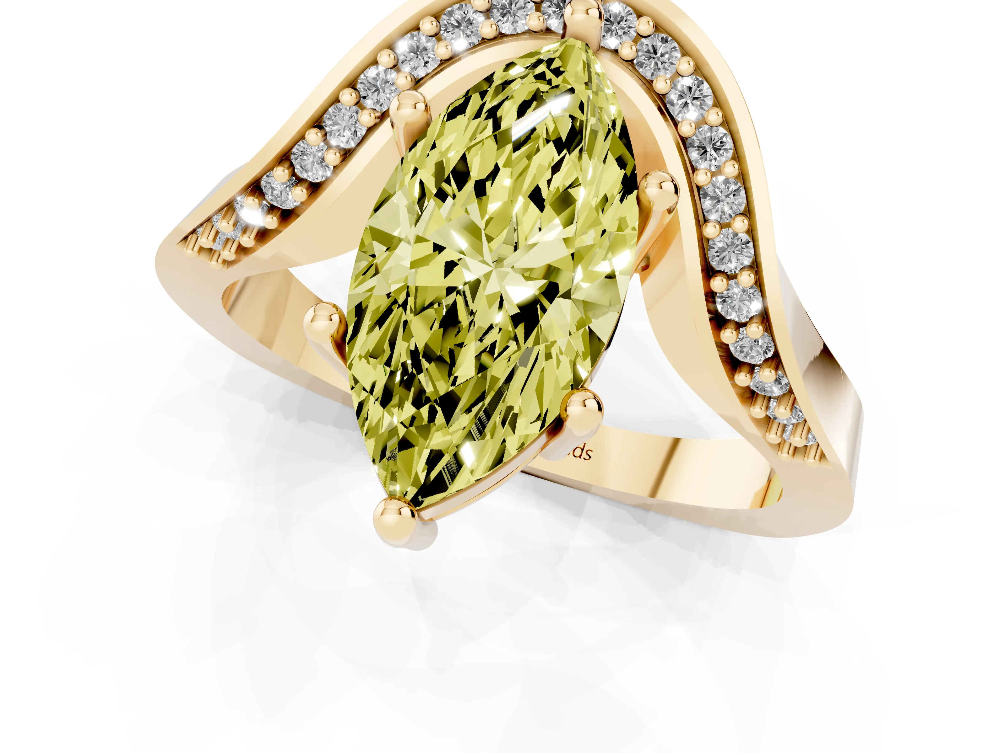 Fancy Yellow Marquise Cut Diamond Solitaire Engagement Ring Set in Yellow gold with Pavé Shoulders