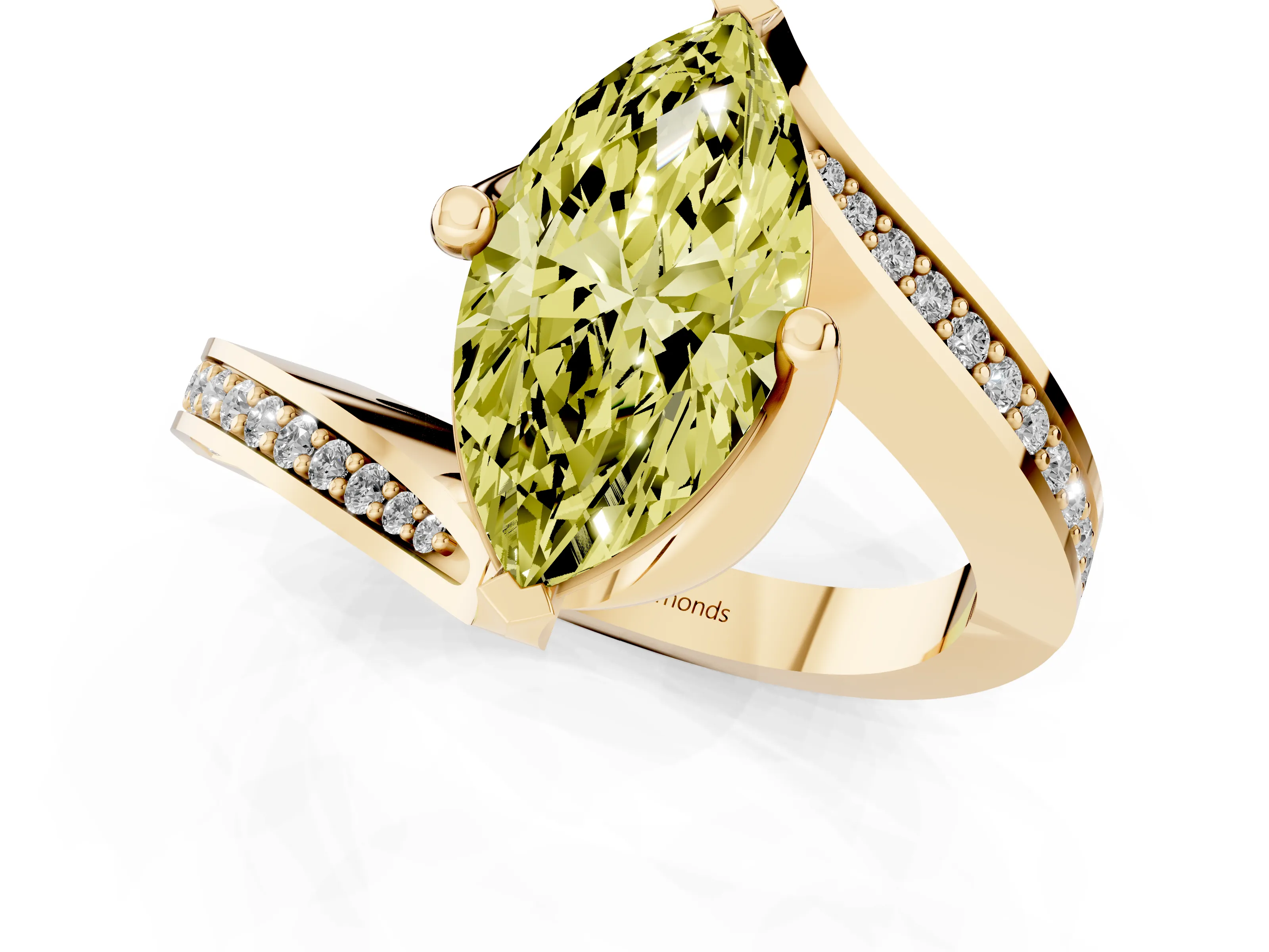 Fancy Yellow Marquise Cut Diamond Solitaire Ring Set in Yellow gold with Intertwined Pavé Twist Band