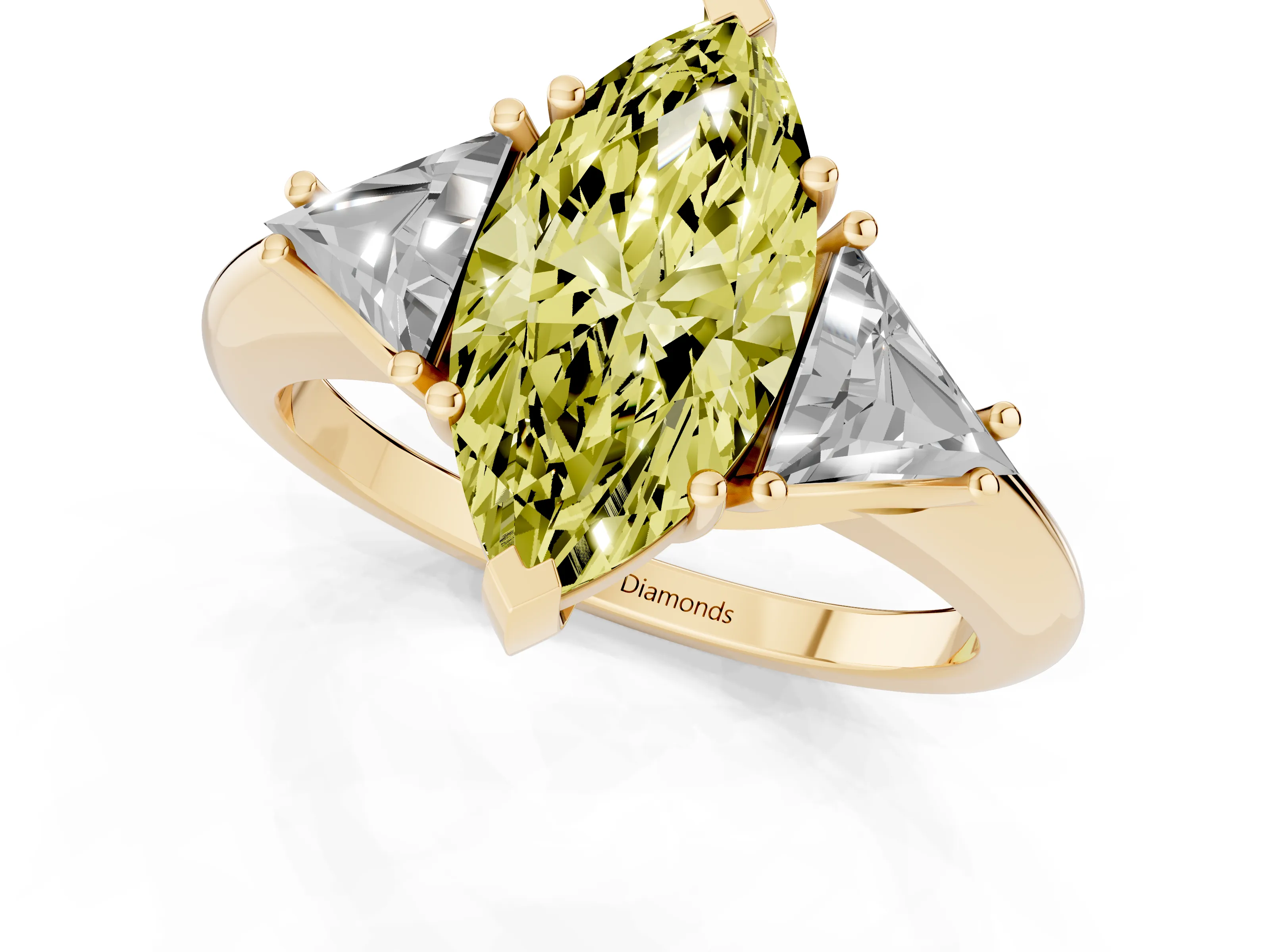 Fancy Yellow Marquise Cut Diamond Three-Stone Engagement Ring Set in Yellow gold with Trillion Side Stones