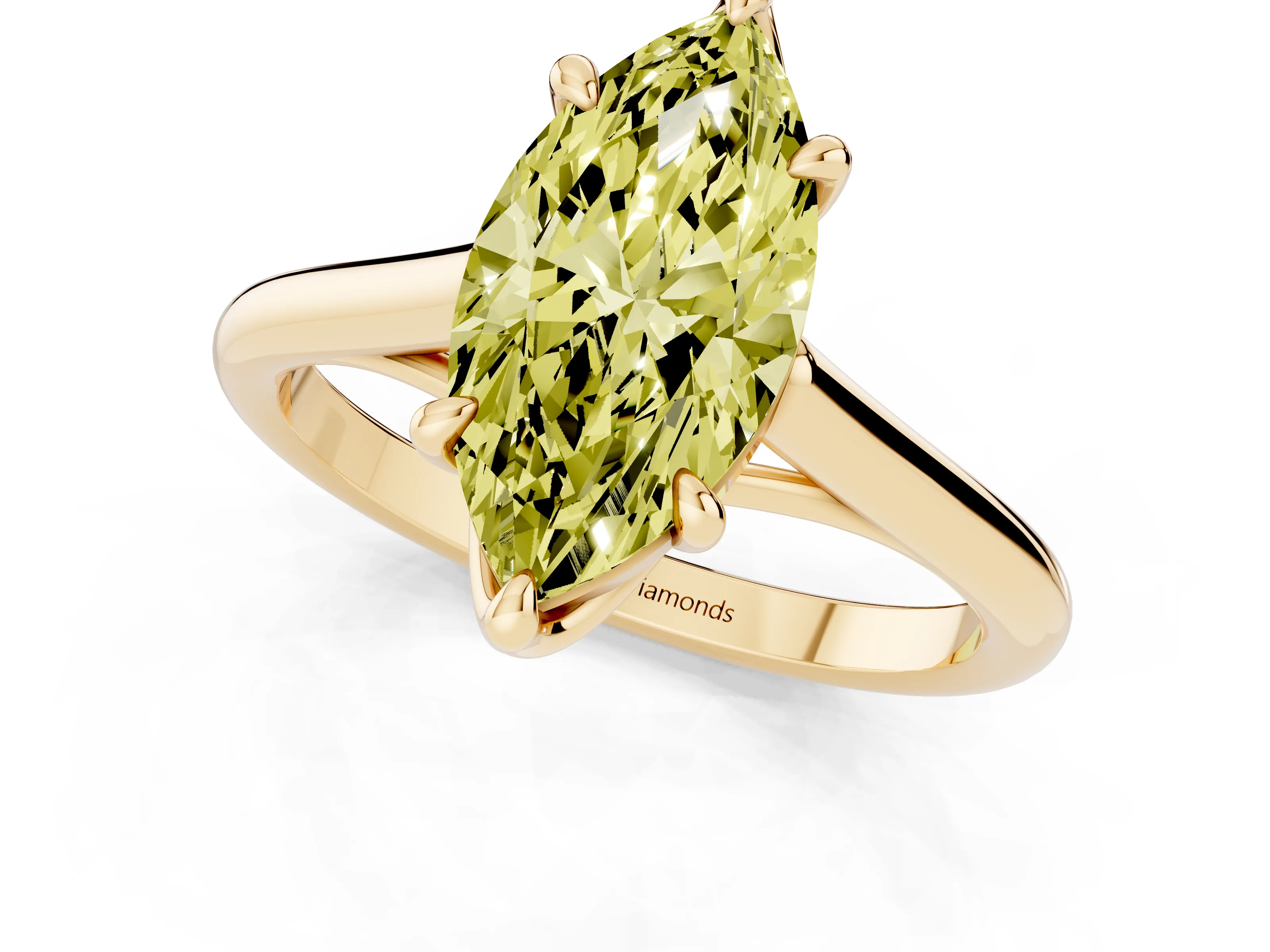 Fancy Yellow Marquise Cut Diamond Solitaire Engagement Ring Set in Yellow gold with Prong Setting and Plain Classic Band