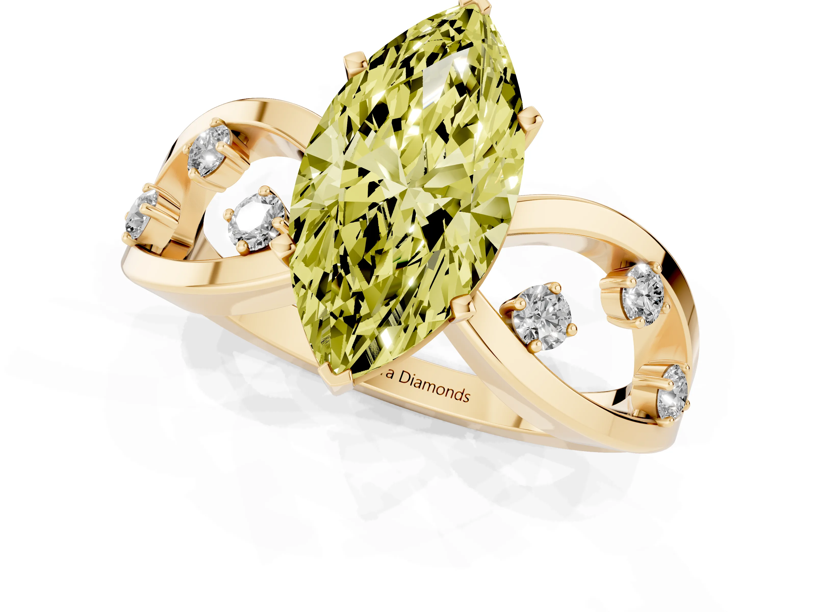 Fancy Yellow Marquise Cut Diamond Solitaire Ring Set in Yellow gold with Side Stones on Criss-Cross Band and Prong Setting