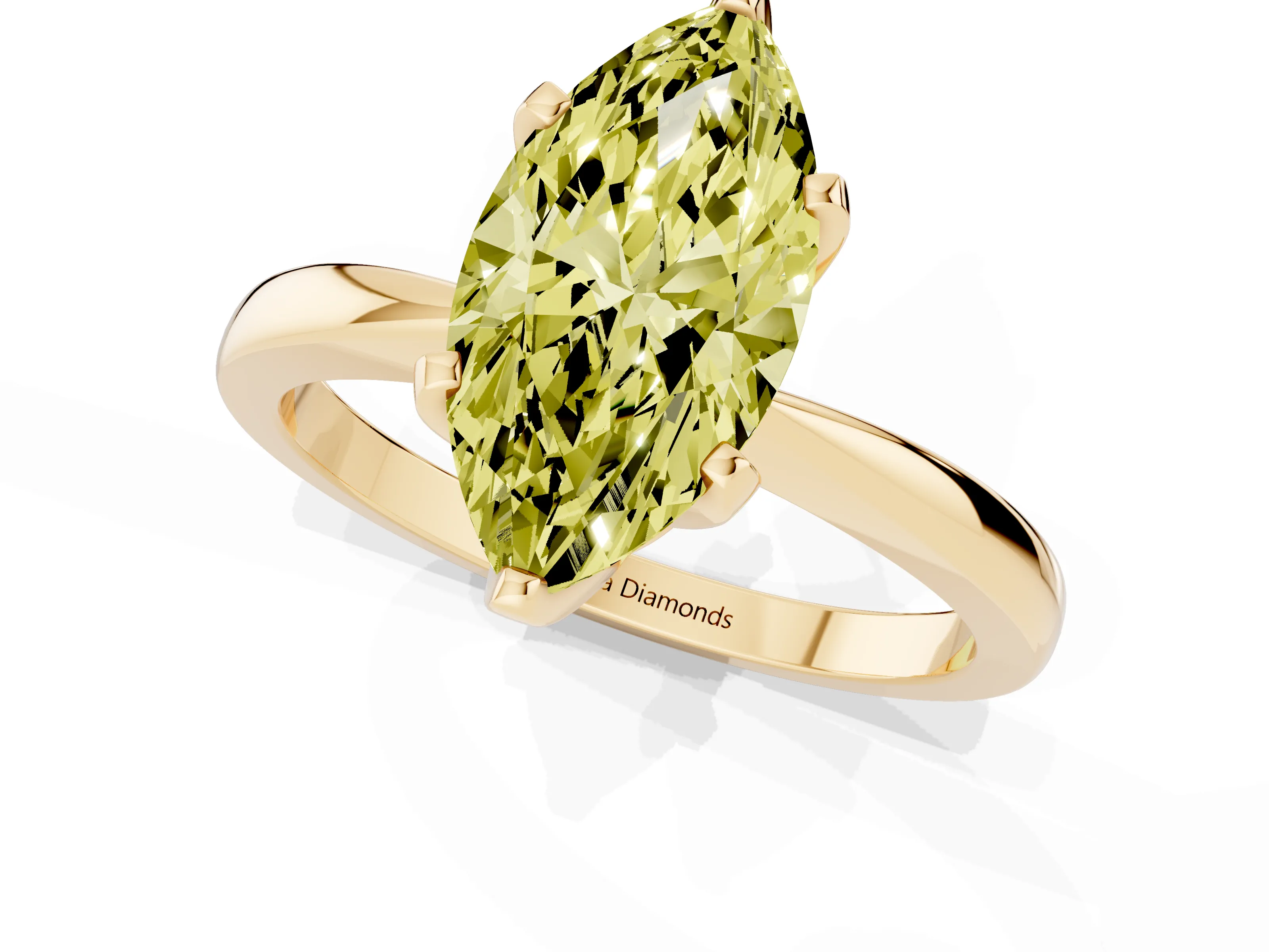 Fancy Yellow Marquise Cut Diamond Solitaire Engagement Ring Set in Yellow gold with Slim Tapered Solitaire Band