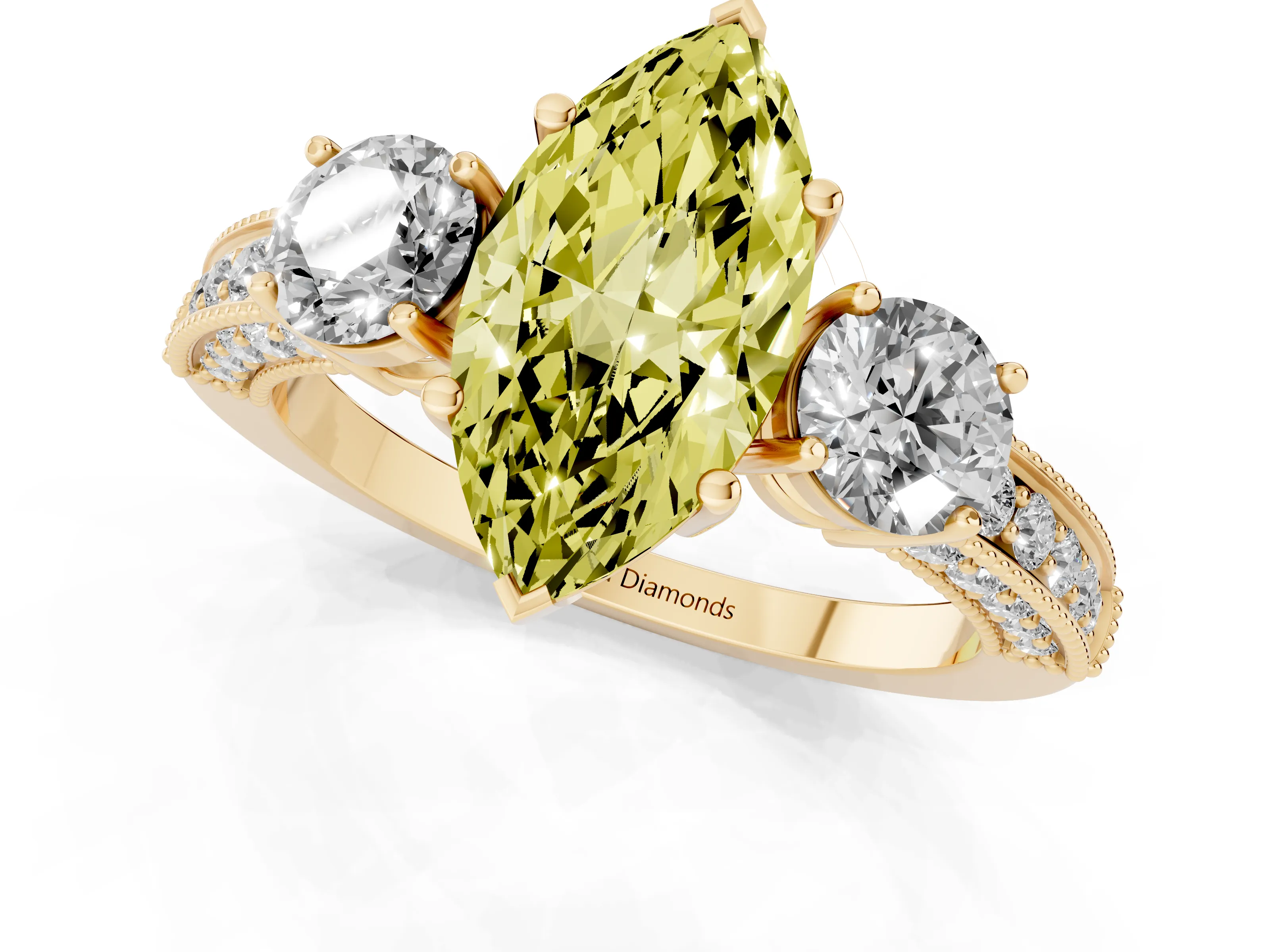 Fancy Yellow Marquise Cut Diamond Three-Stone Ring Set in Yellow gold with Round Side Stones and Pavé Band