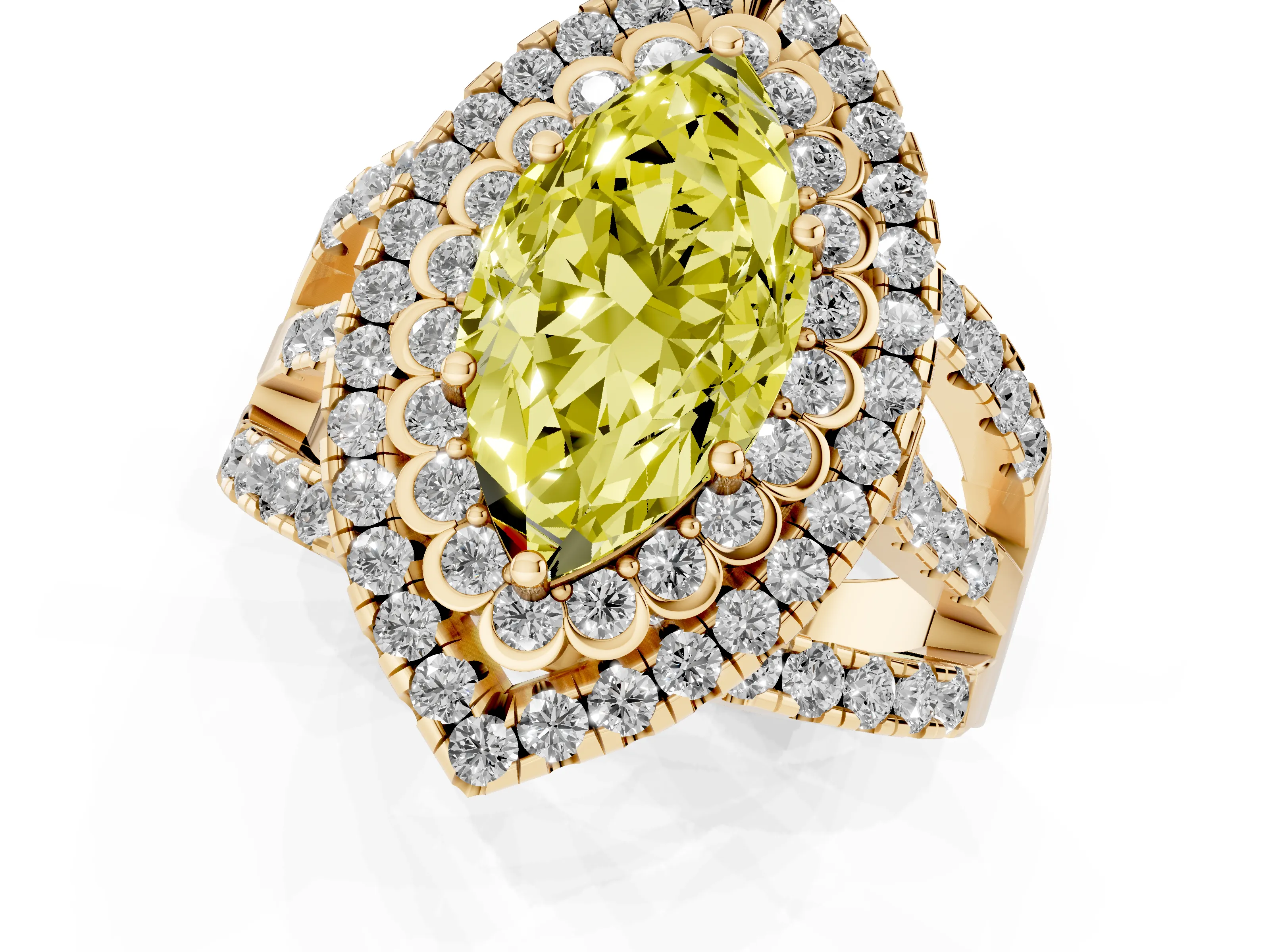 Fancy Yellow Marquise Cut Diamond Double Halo Ring Set in Yellow gold with Round Pavé Split Shank