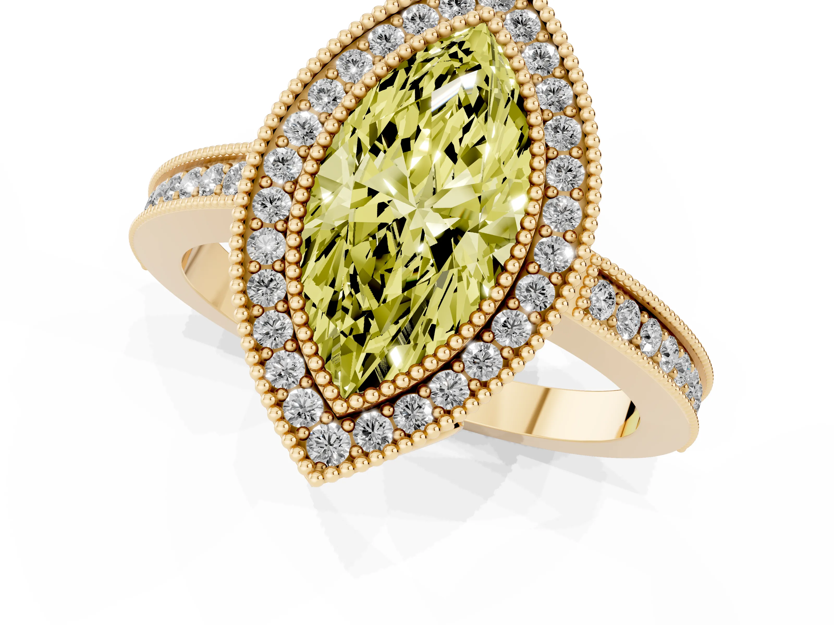 Fancy Yellow Marquise Cut Diamond Halo Ring Set in Yellow gold with Pavé Band and Milgrain-Edged Prongs