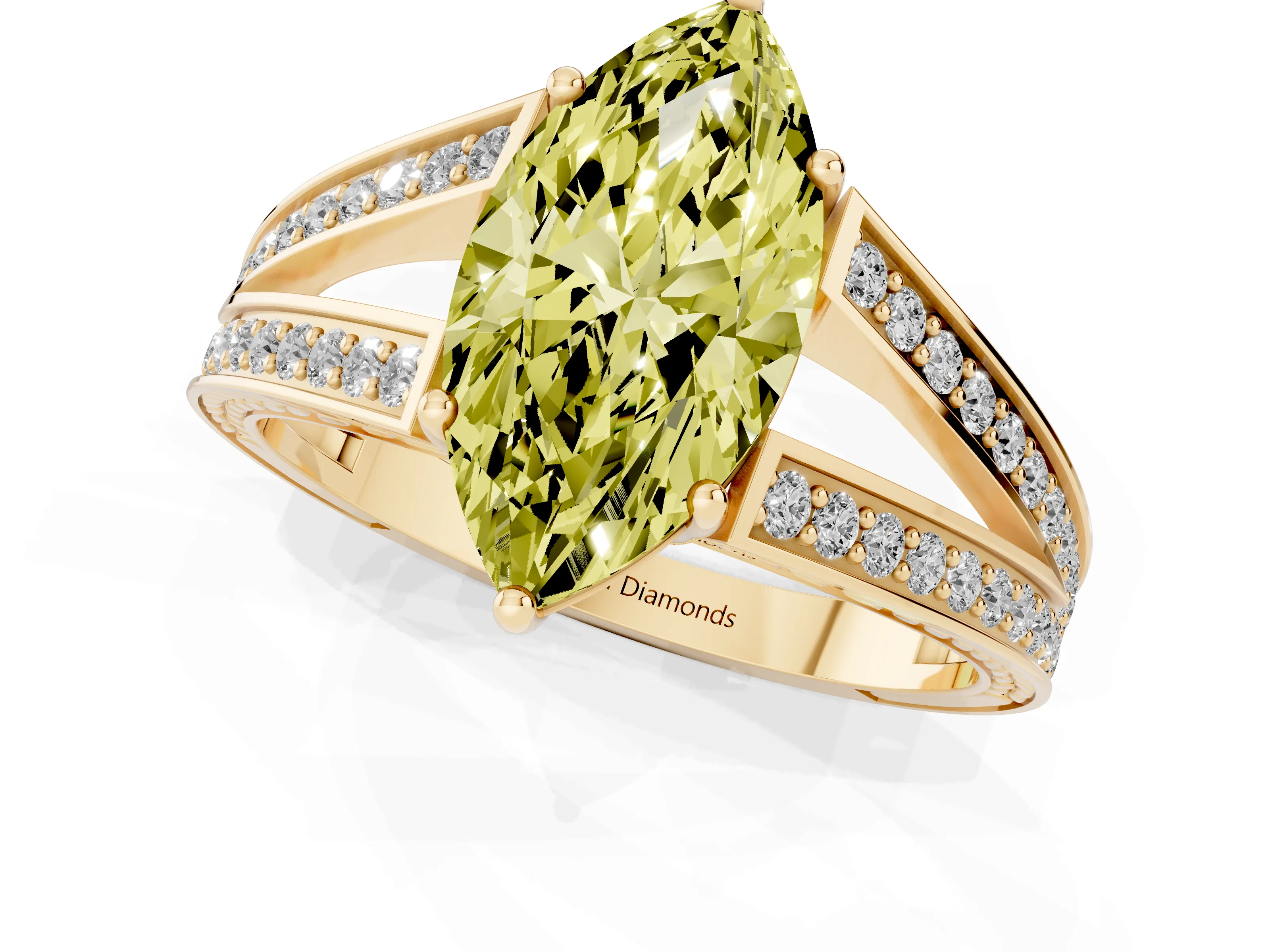 Fancy Yellow Marquise Cut Diamond Split Shank Ring Set in Yellow gold with Pavé Band and Prong Setting