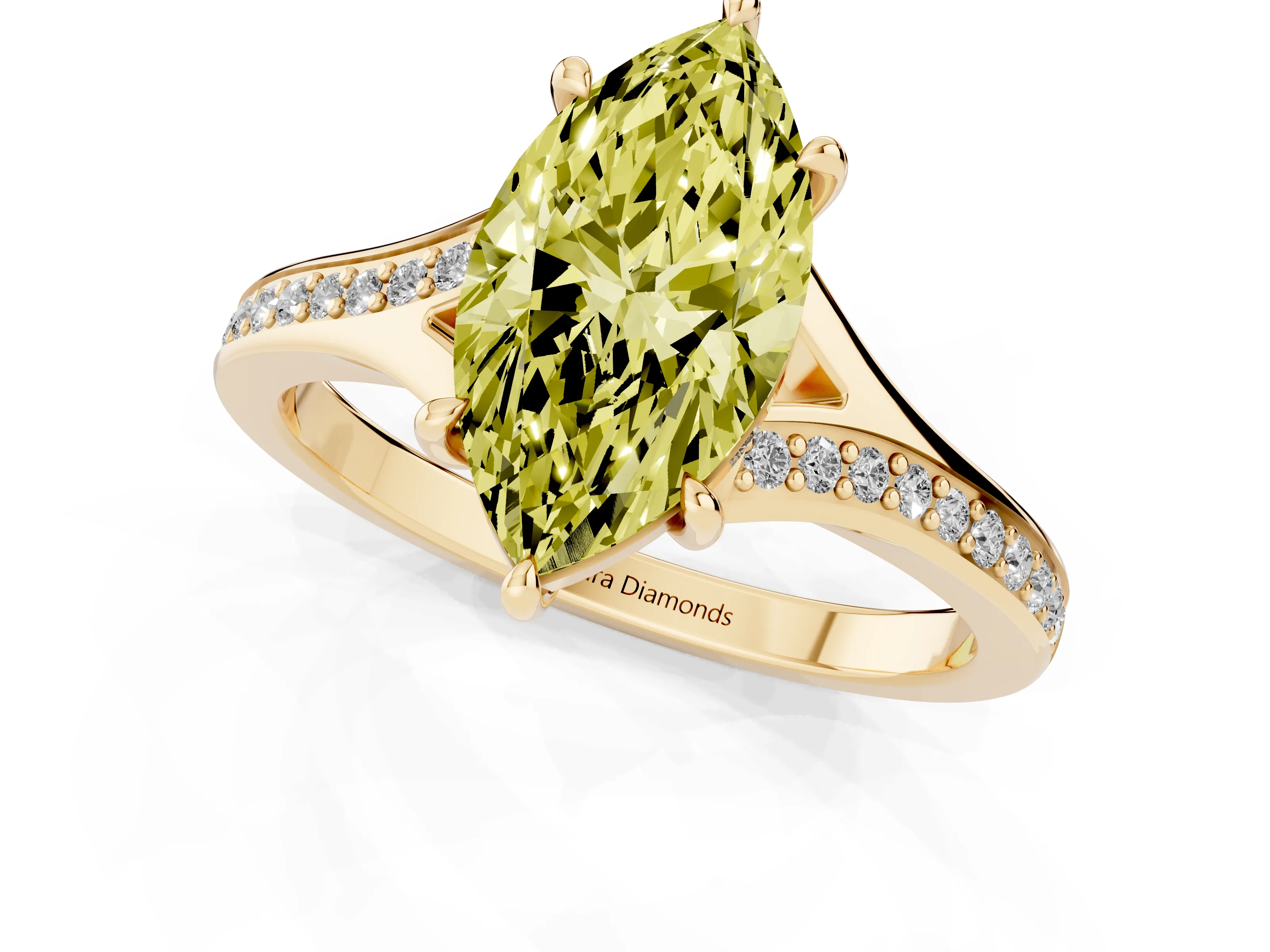 Fancy Yellow Marquise Cut Diamond Solitaire Ring Set in Yellow gold with Pavé Accent Band and Classic Prong Setting