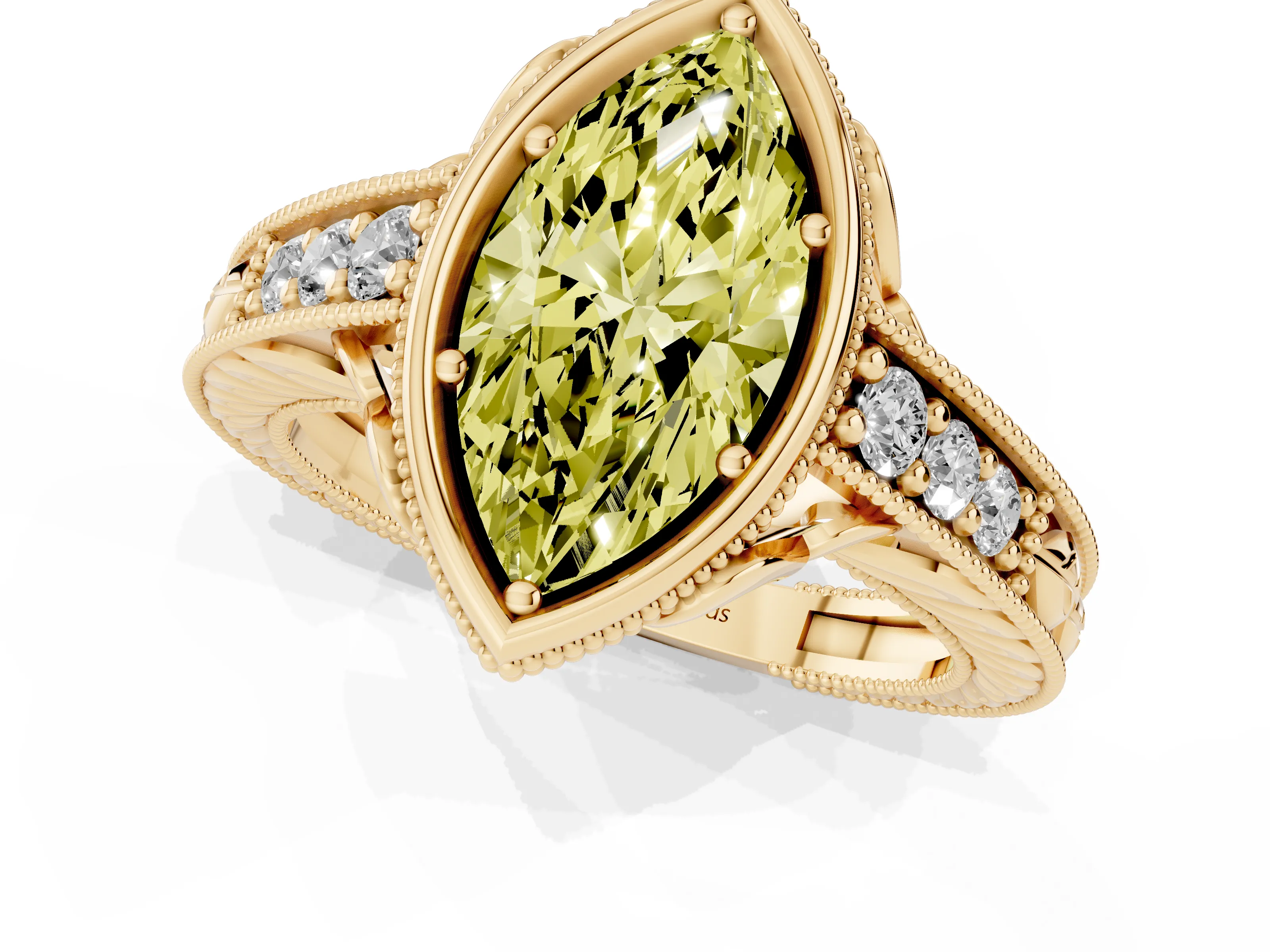 Fancy Yellow Bezel Set Marquise Cut Diamond Milgrain Pavé Engagement Ring Set in Yellow gold