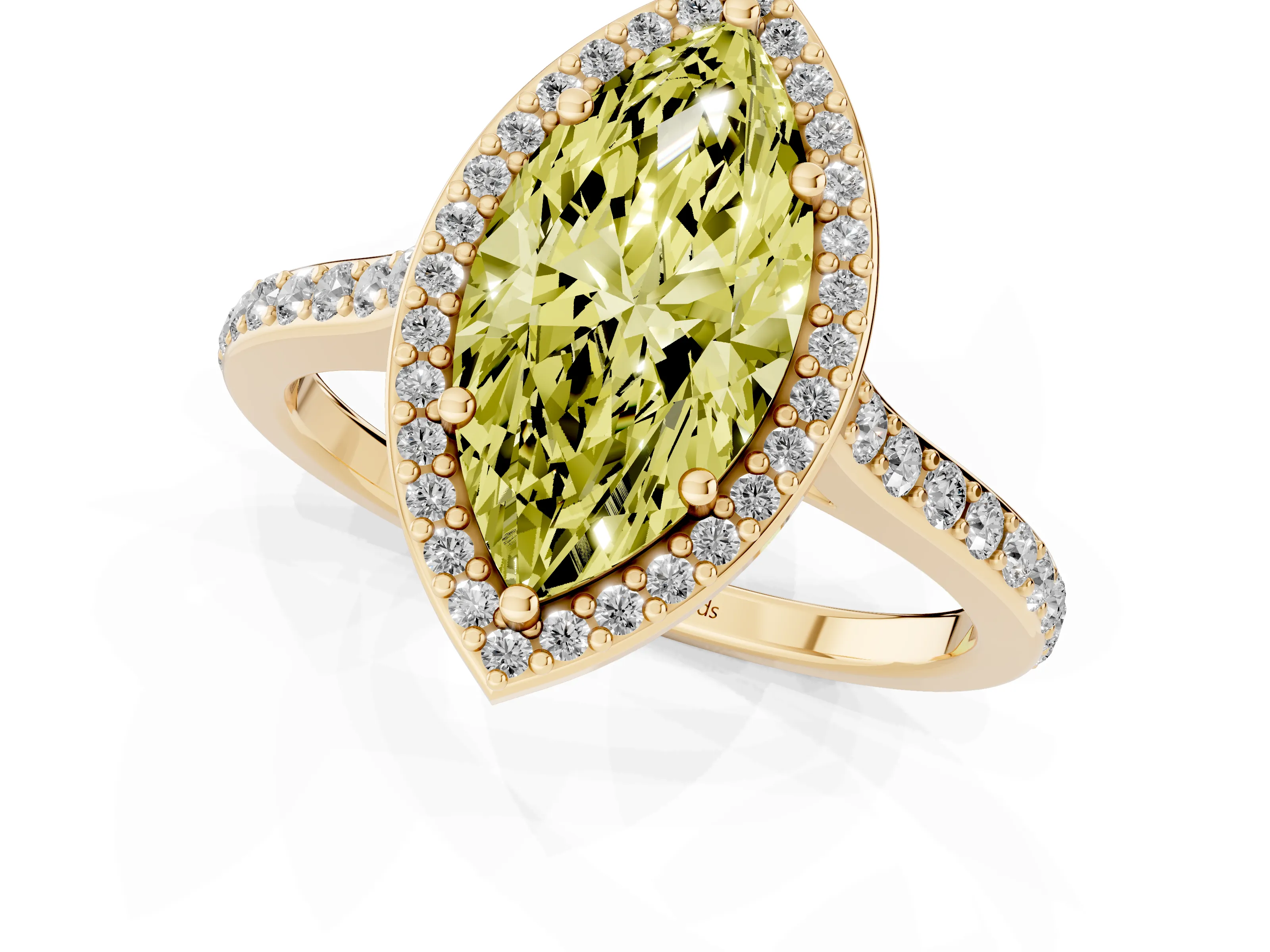 Fancy Yellow Marquise Cut Diamond Halo Engagement Ring Set in Yellow gold with Round Pavé Shoulders and Heart Gallery
