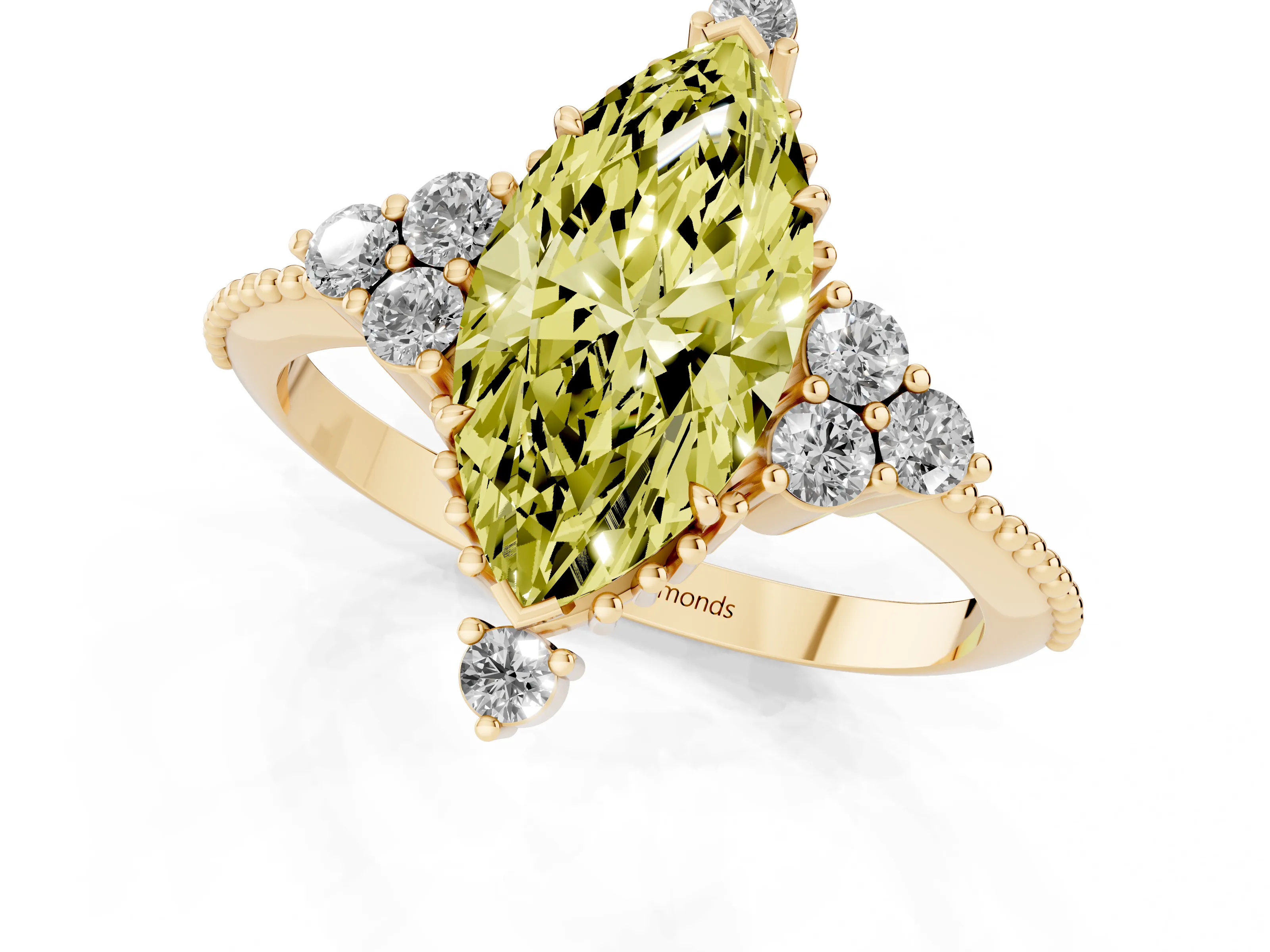 Fancy Yellow Marquise Cut Diamond Cluster Ring Set in Yellow gold with Beaded Band