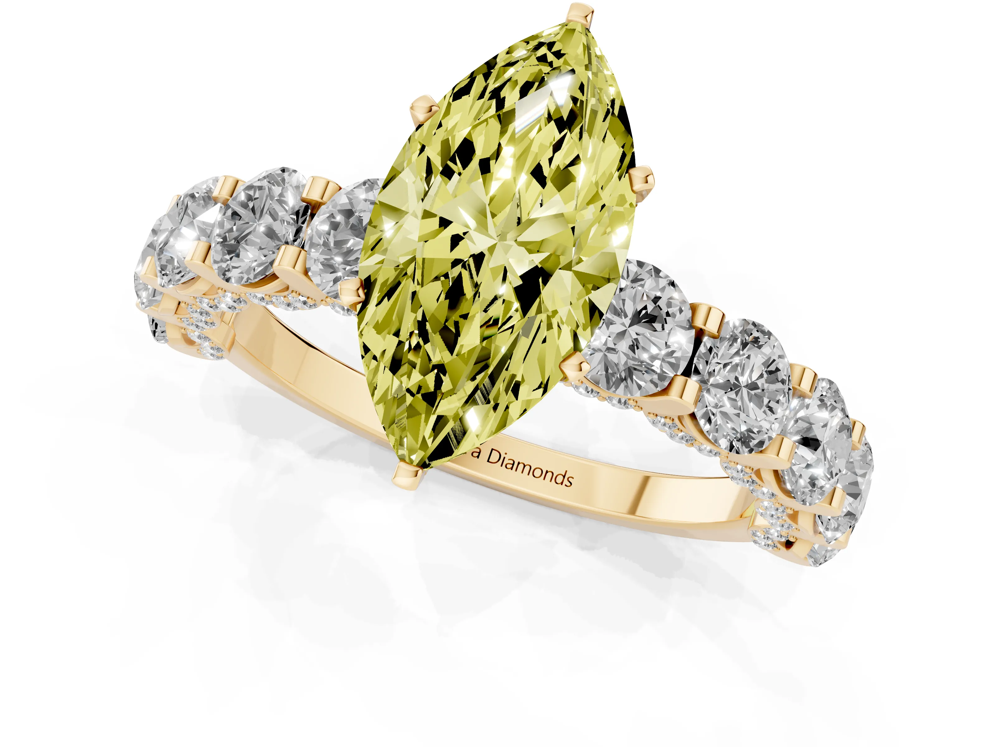 Fancy Yellow Marquise Cut Diamond Side Stone Ring Set in Yellow gold with Alternating Round and Oval Side Stones