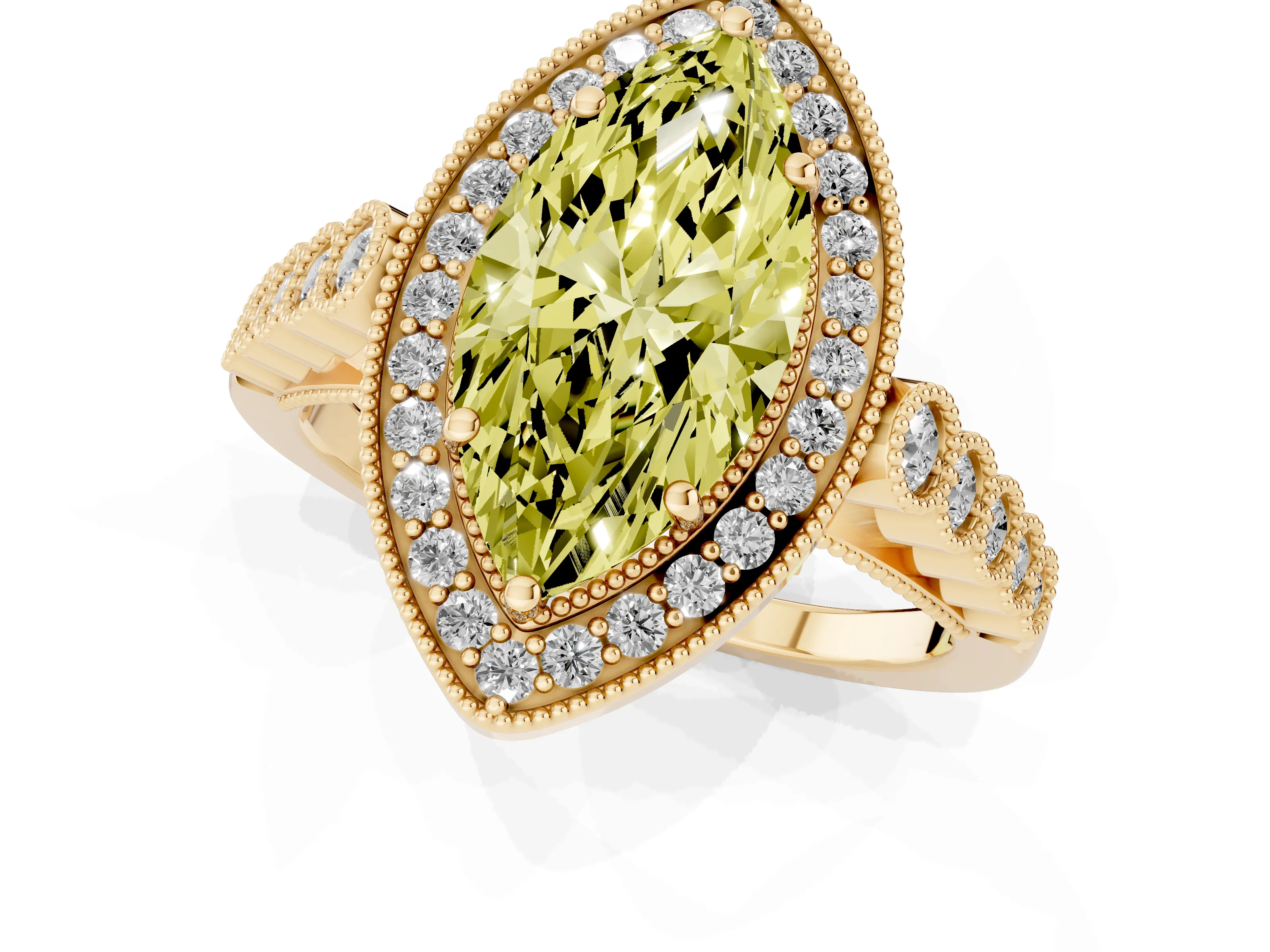 Fancy Yellow Marquise Cut Diamond Milgrain Halo Solitaire Ring Set in Yellow gold with Bezel Set Side Stones and Pavé Band