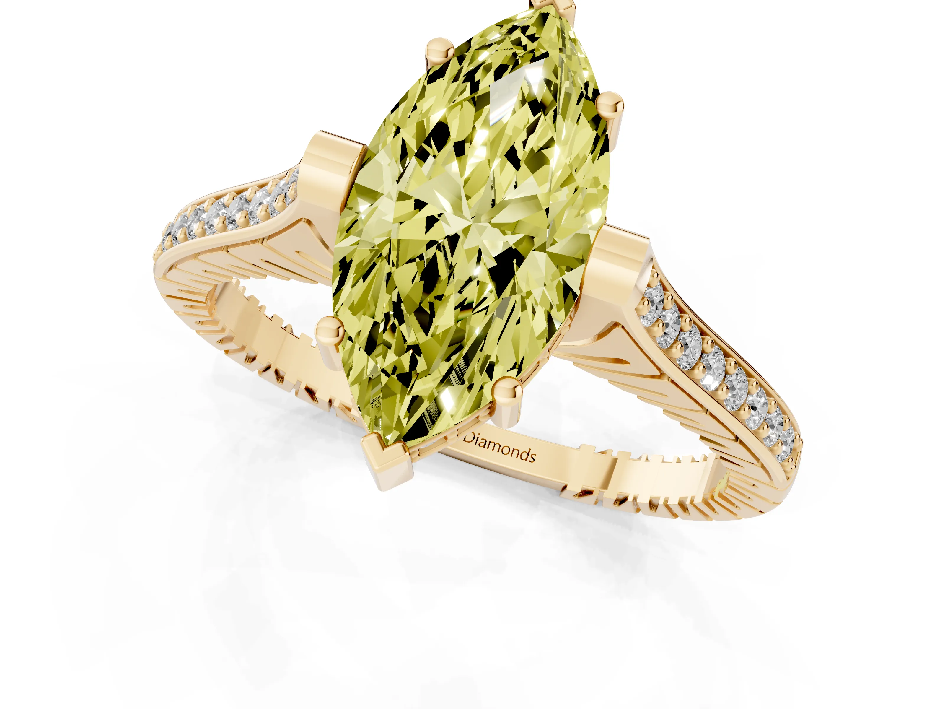 Fancy Yellow Marquise Cut Diamond Solitaire Ring Set in Yellow gold with Channel Set Band and Bezel Prong Setting – second view